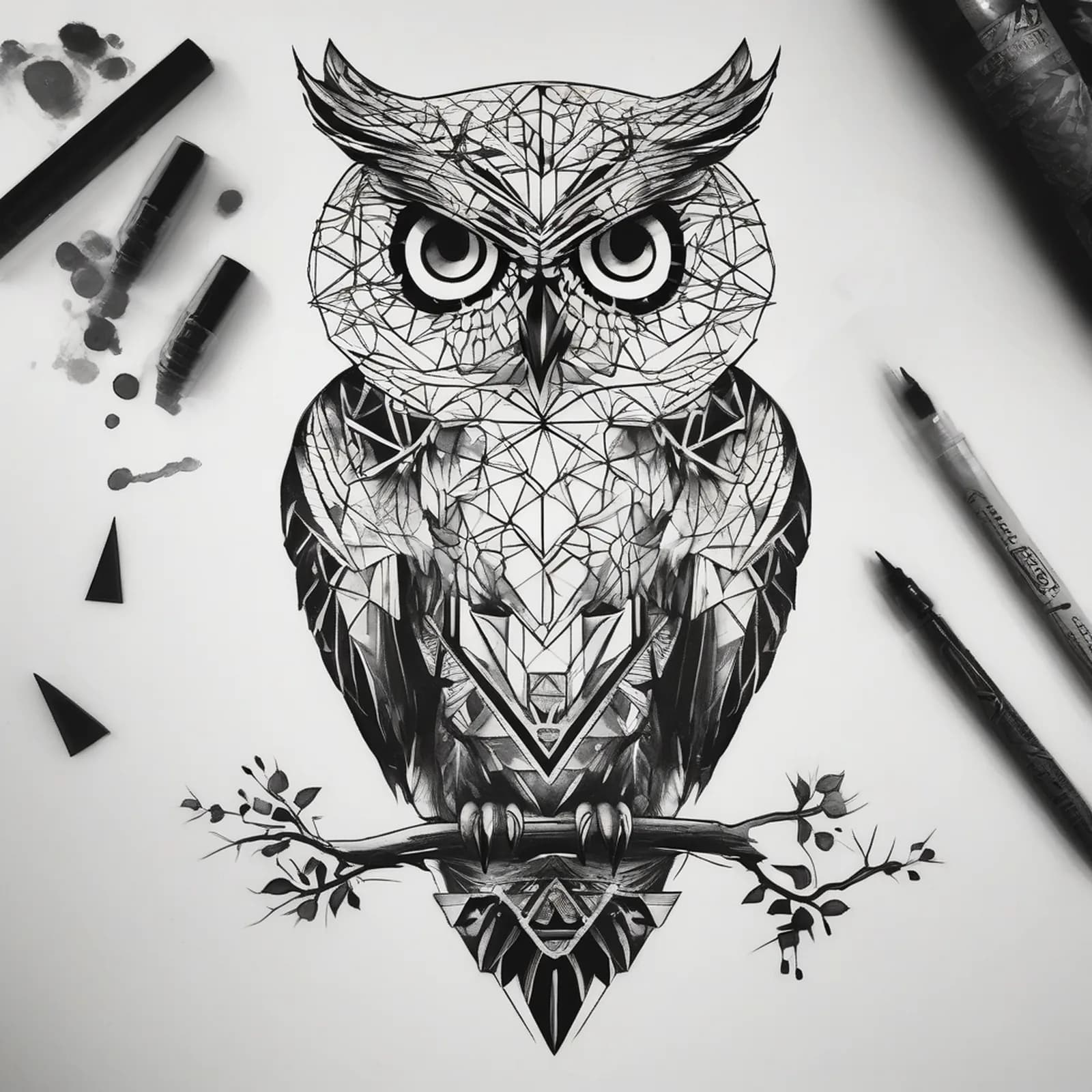 Geometric Owl tattoo design, alternative version 2