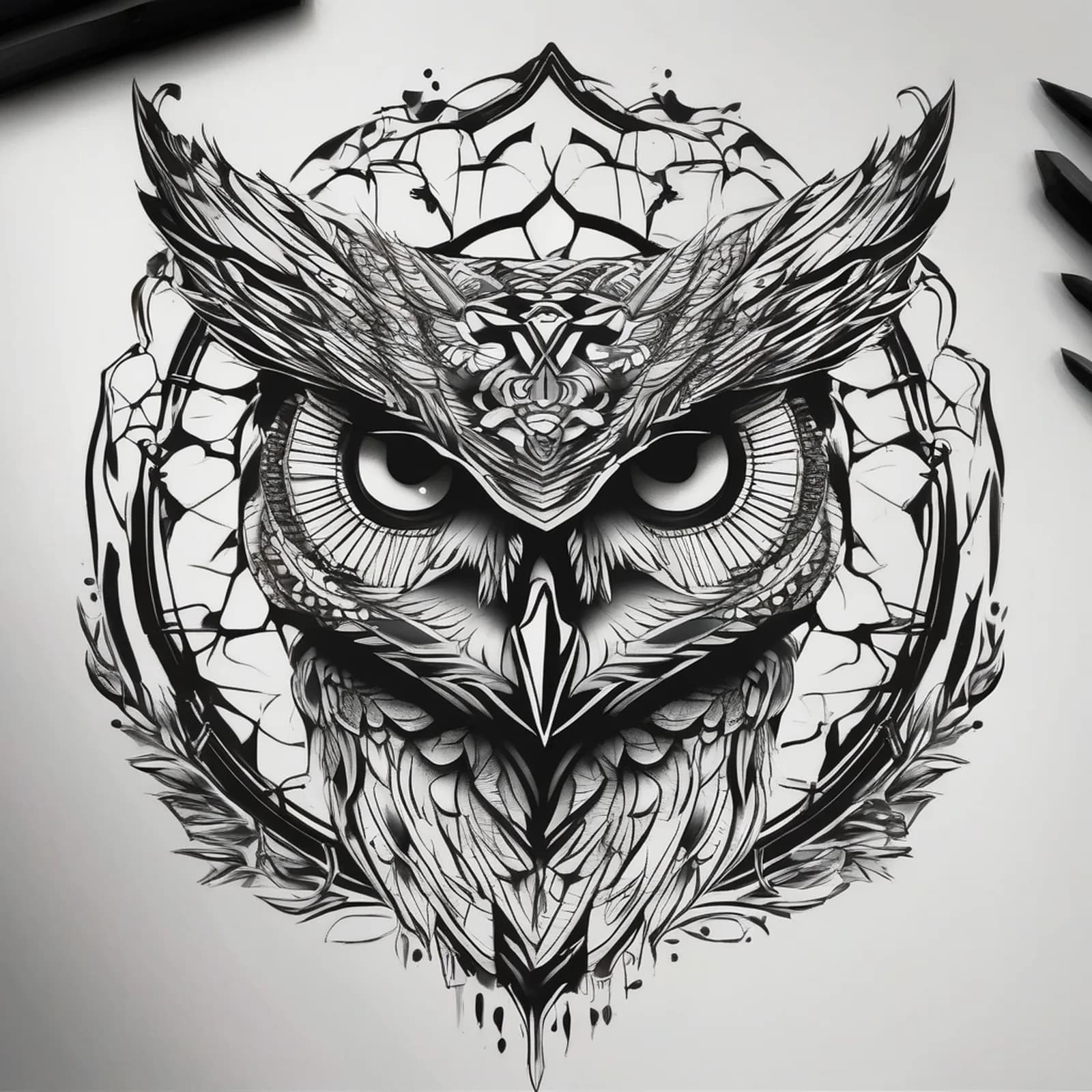 Gothic Owl tattoo design, alternative version 3
