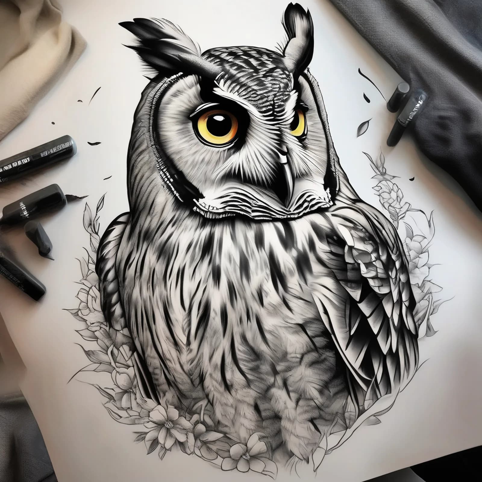 Long Eared Owl tattoo design, alternative version 3