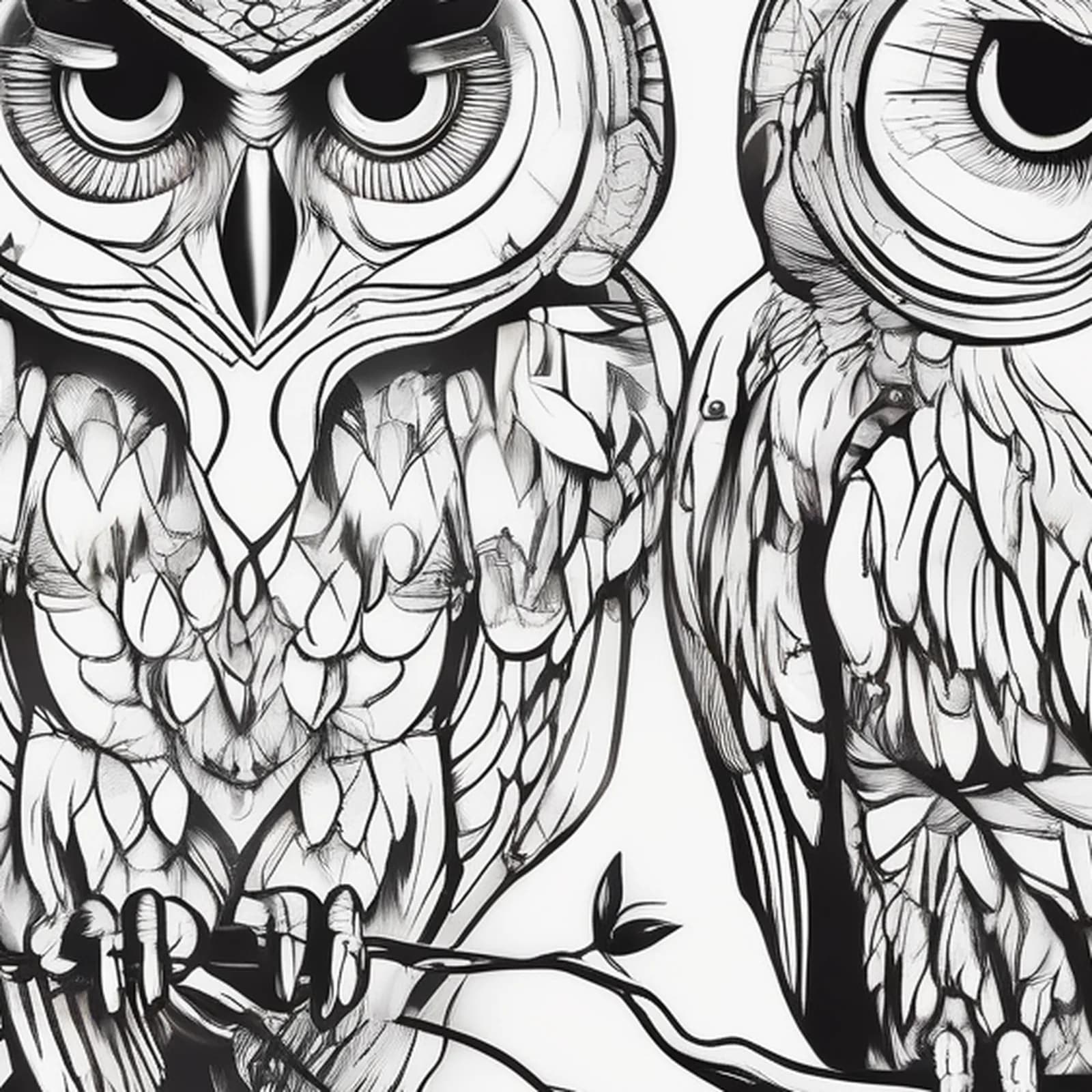 Matching Owl Pair tattoo design, close-up detail