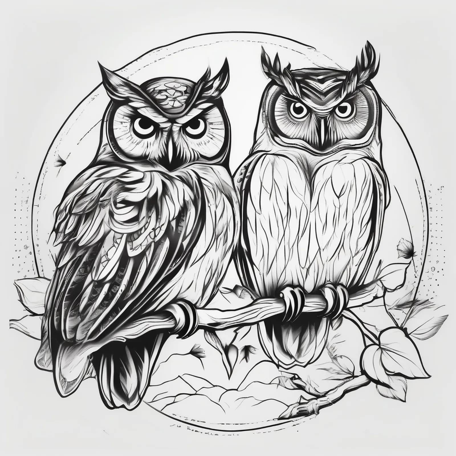Matching Owl Pair tattoo design, alternative version 2