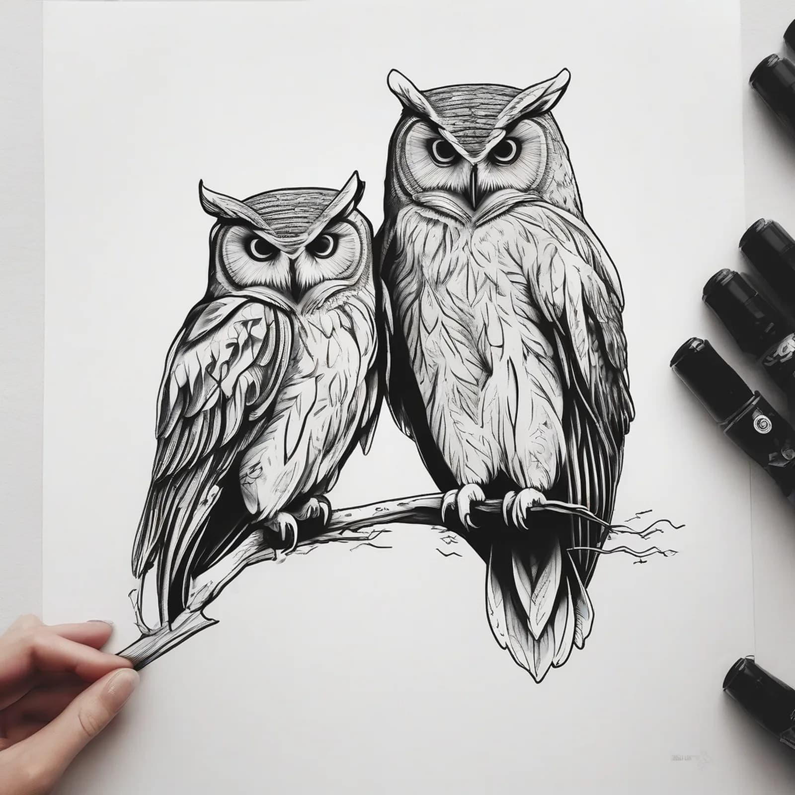 Matching Owl Pair tattoo design, alternative version 4