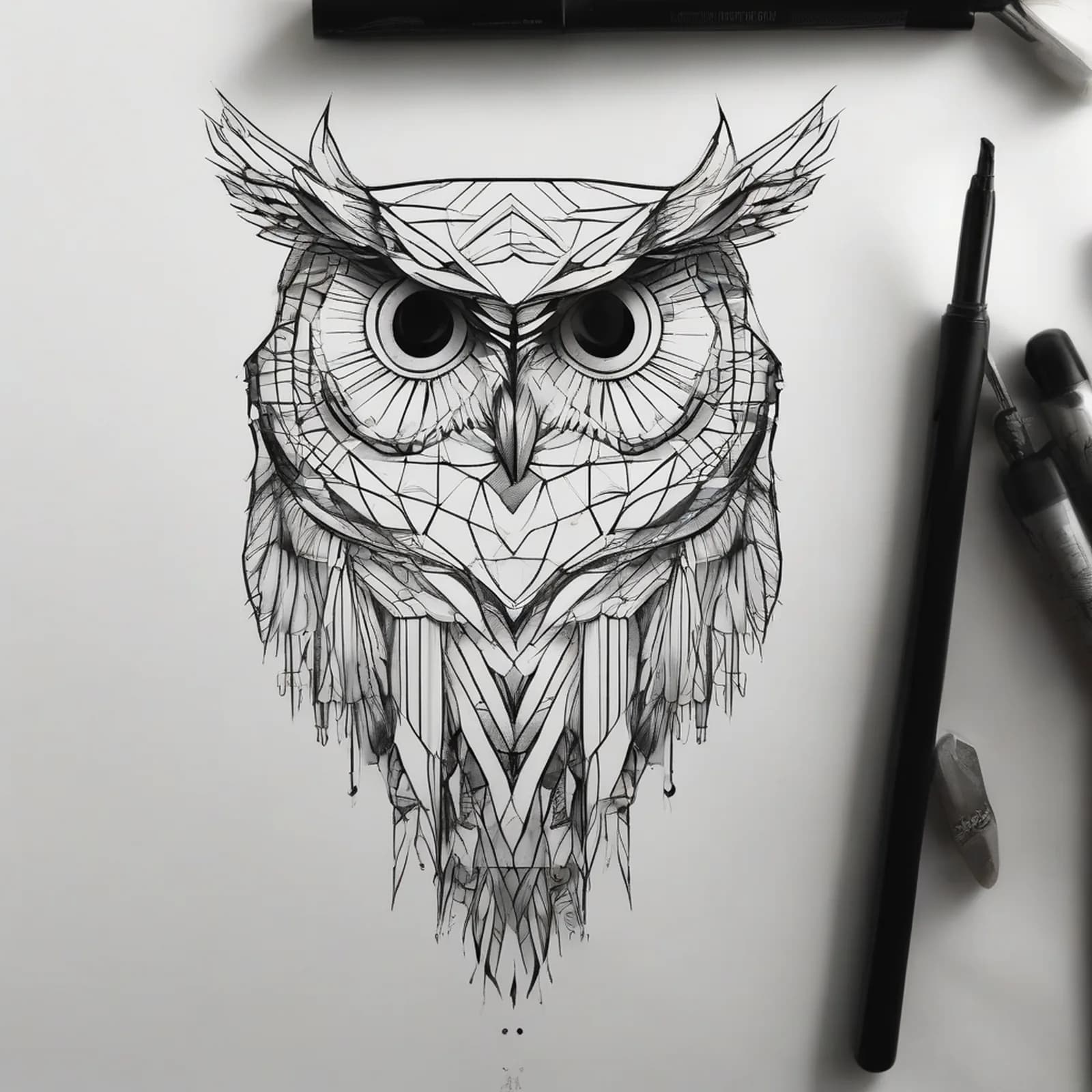 Minimal Geometric Owl tattoo design, alternative version 4