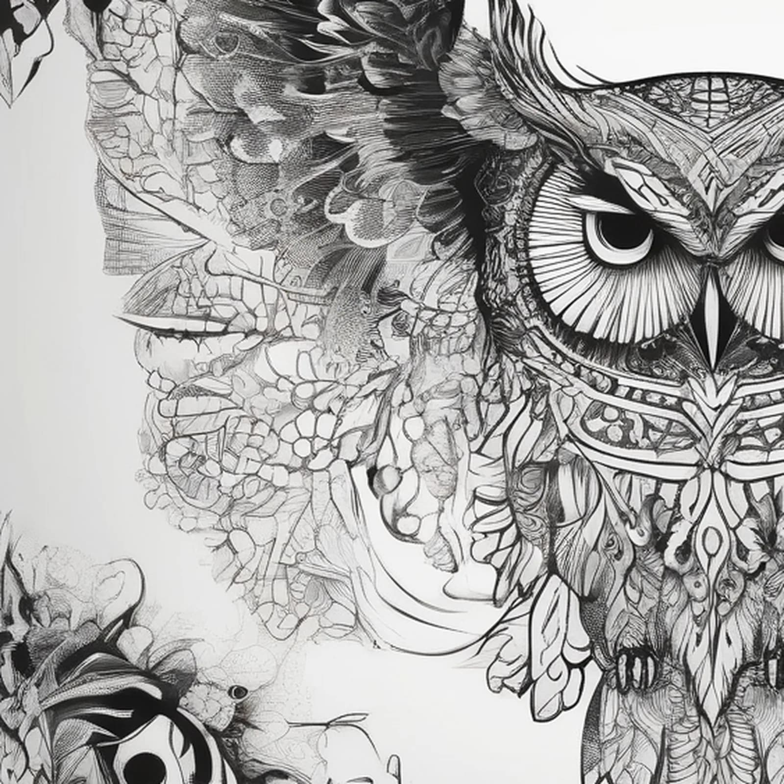 Ornamental Filigree Owl tattoo design, close-up detail