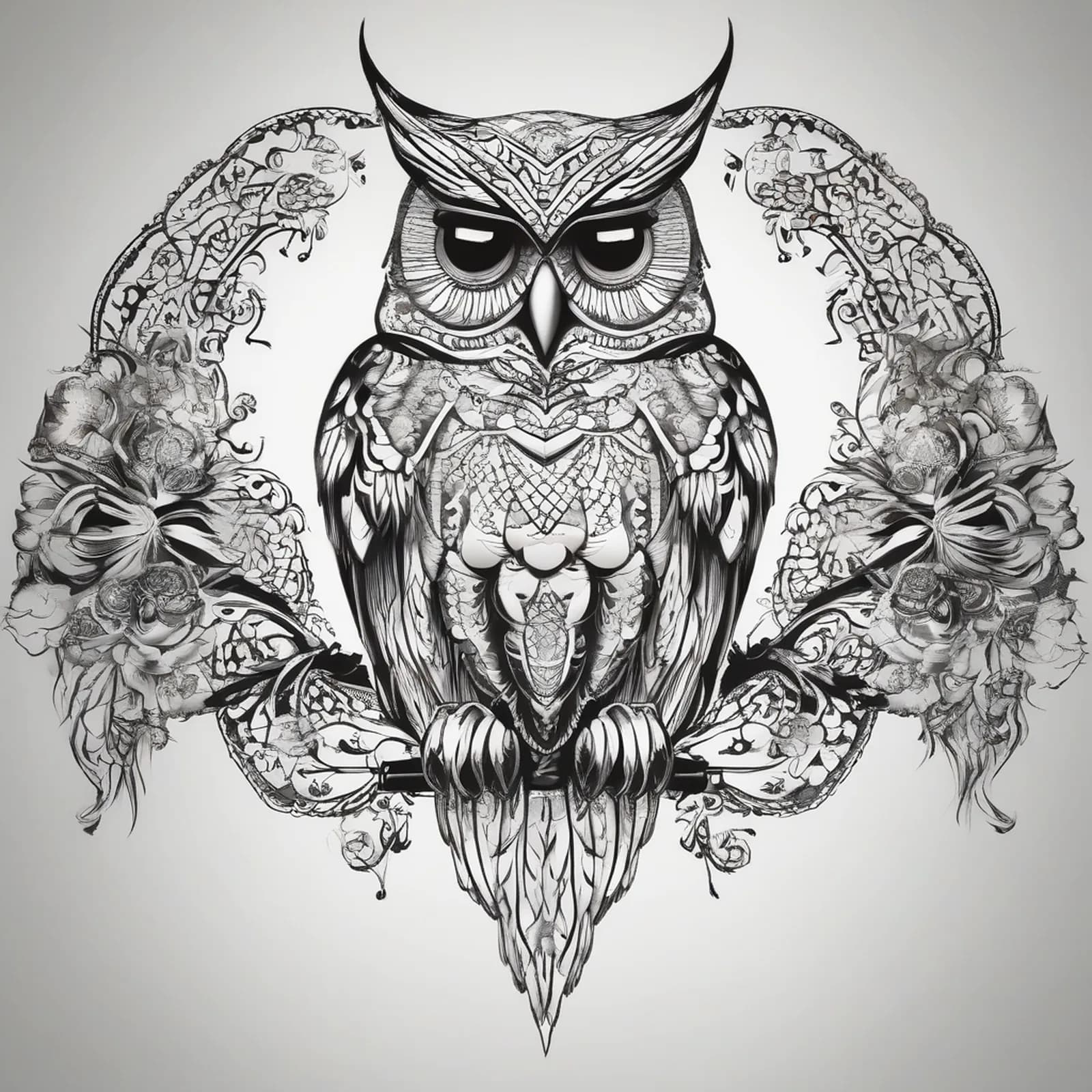 Ornamental Filigree Owl tattoo design, alternative version 2