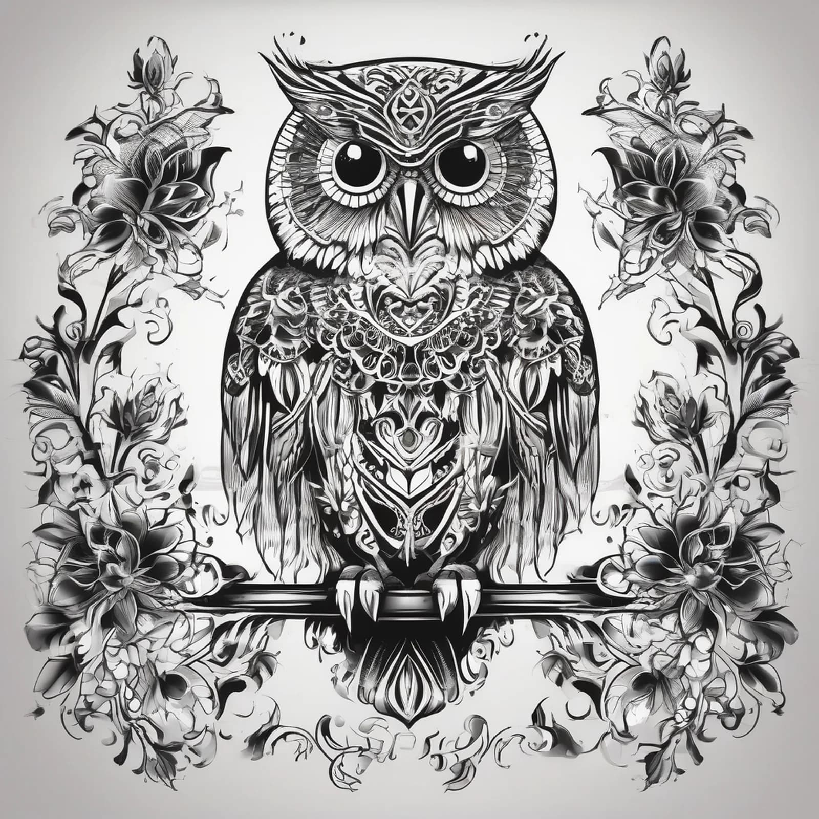 Ornamental Filigree Owl tattoo design, alternative version 3