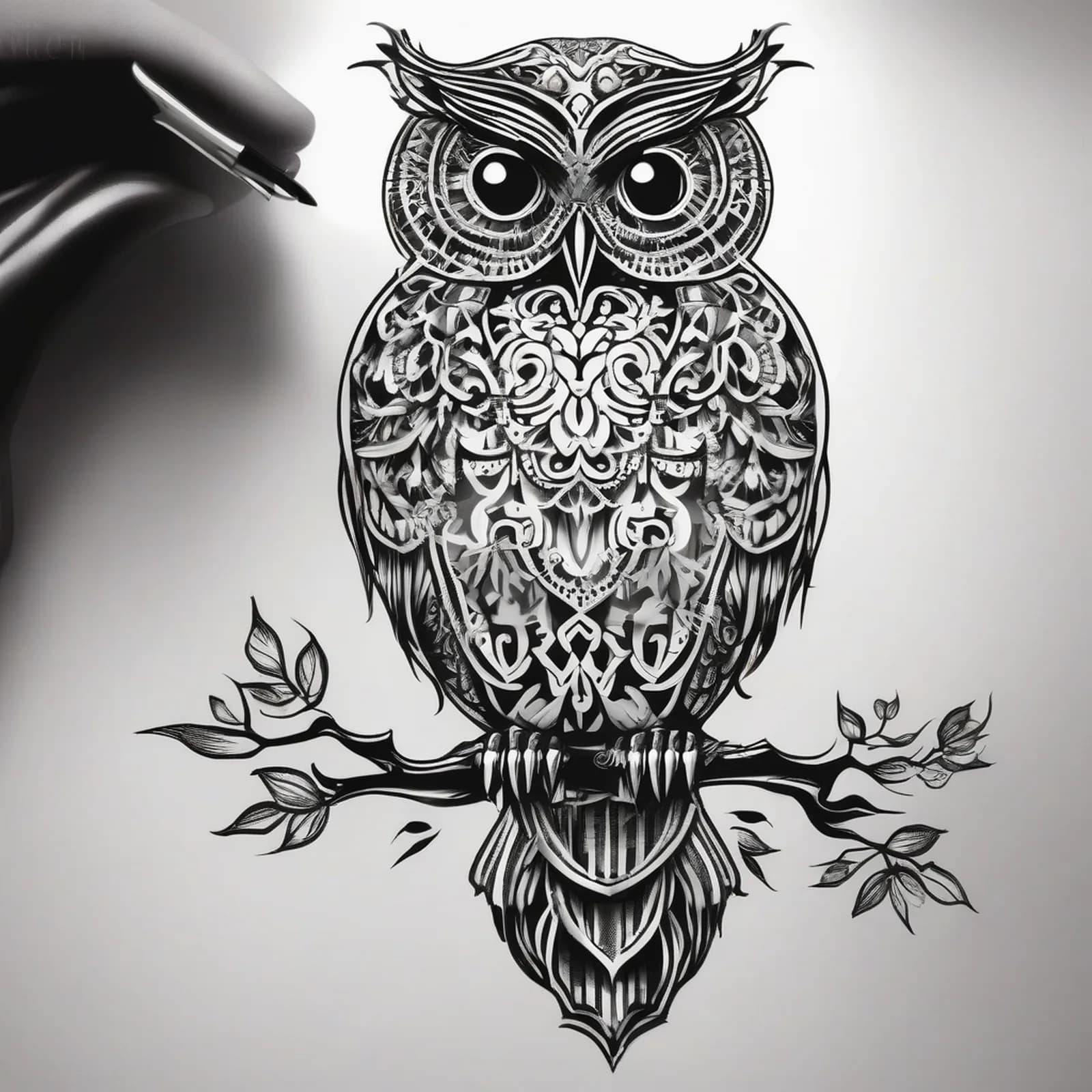 Ornamental Filigree Owl tattoo design, alternative version 4