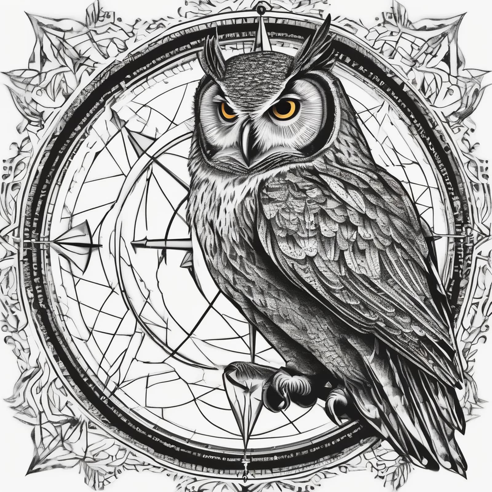Owl And Compass tattoo design, alternative version 2