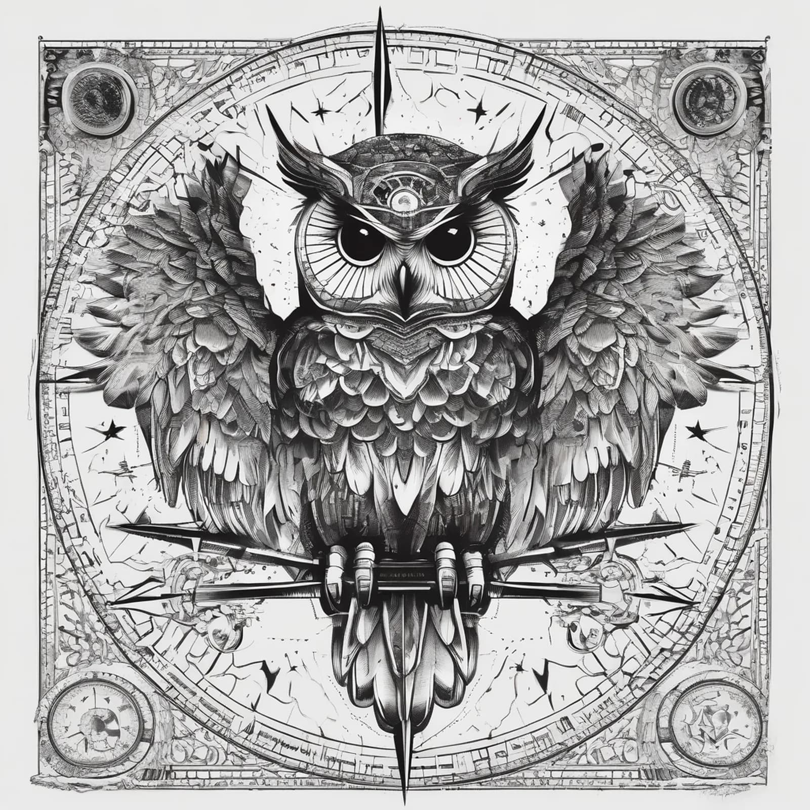 Owl And Compass tattoo design, alternative version 3