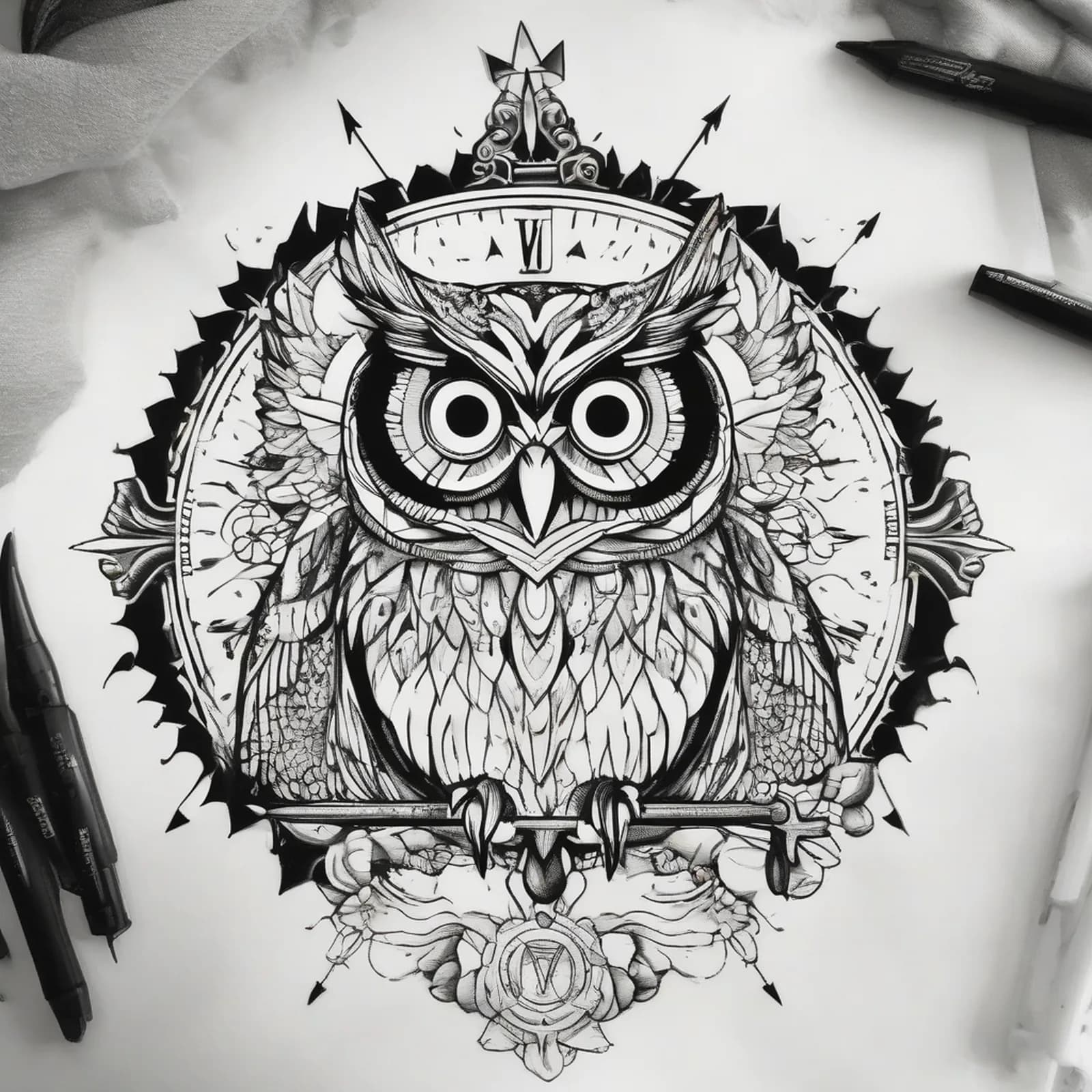 Owl And Compass tattoo design, alternative version 4