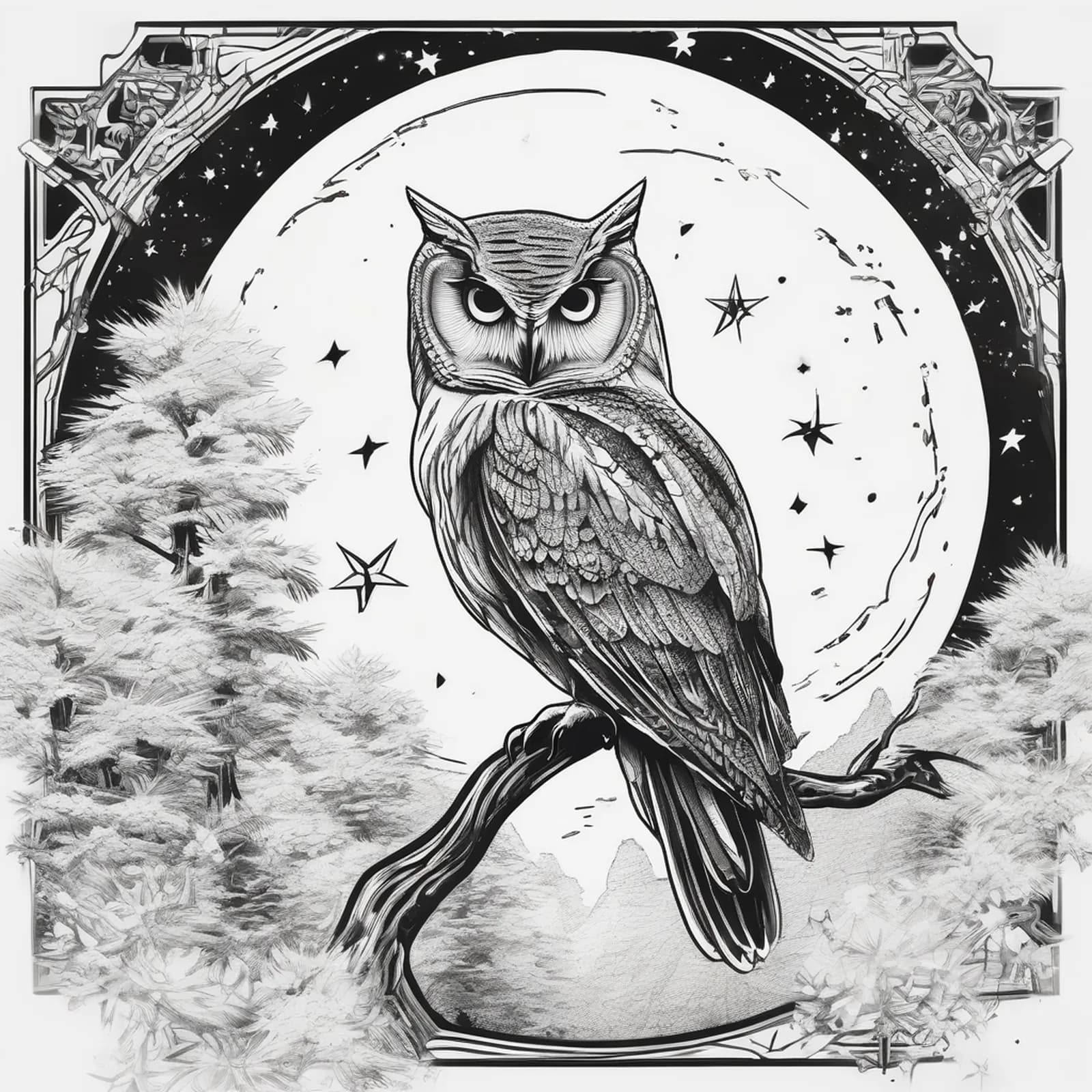 Owl And Crescent Moon tattoo design, alternative version 2