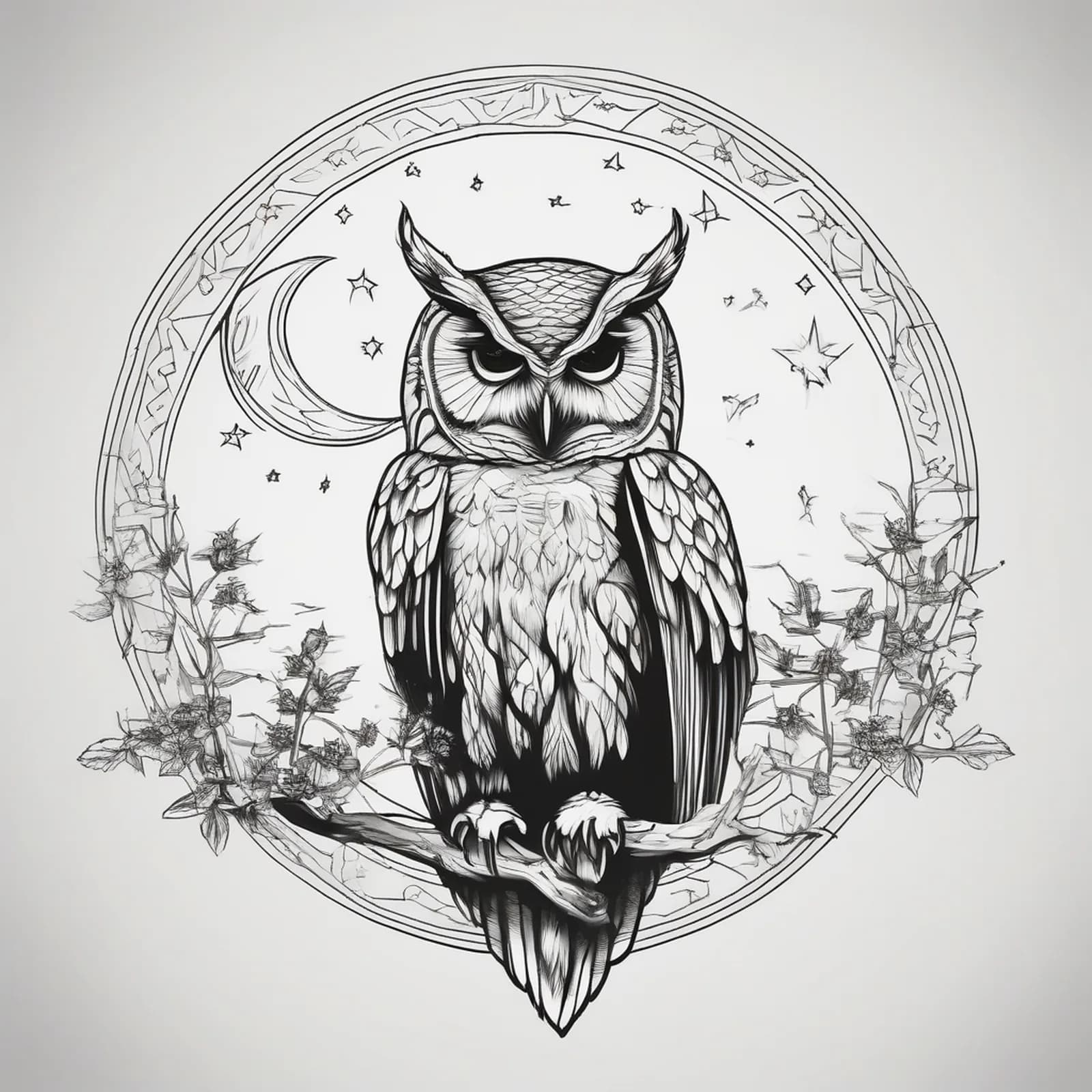 Owl And Crescent Moon tattoo design, alternative version 4