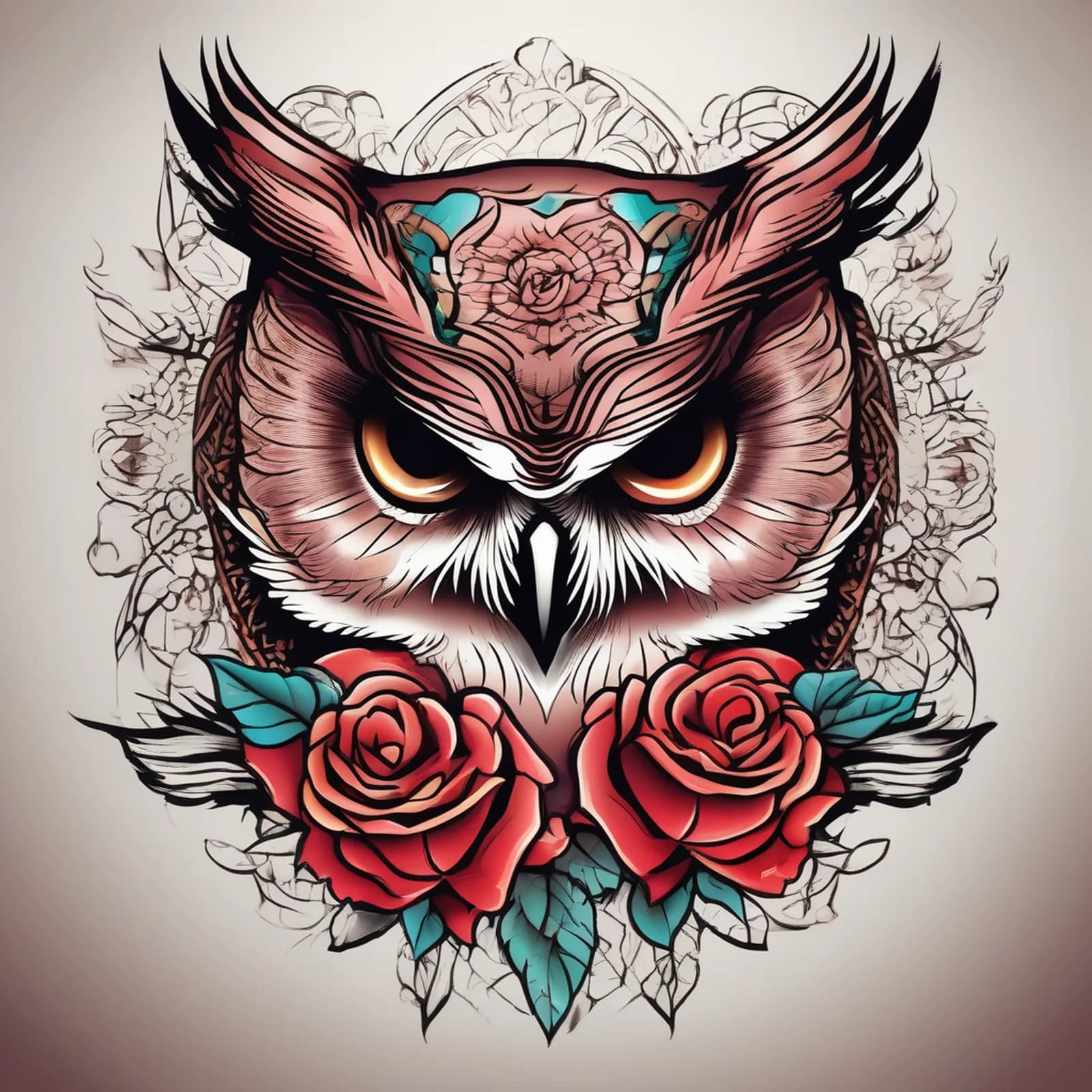 Owl And Rose tattoo design, alternative version 2