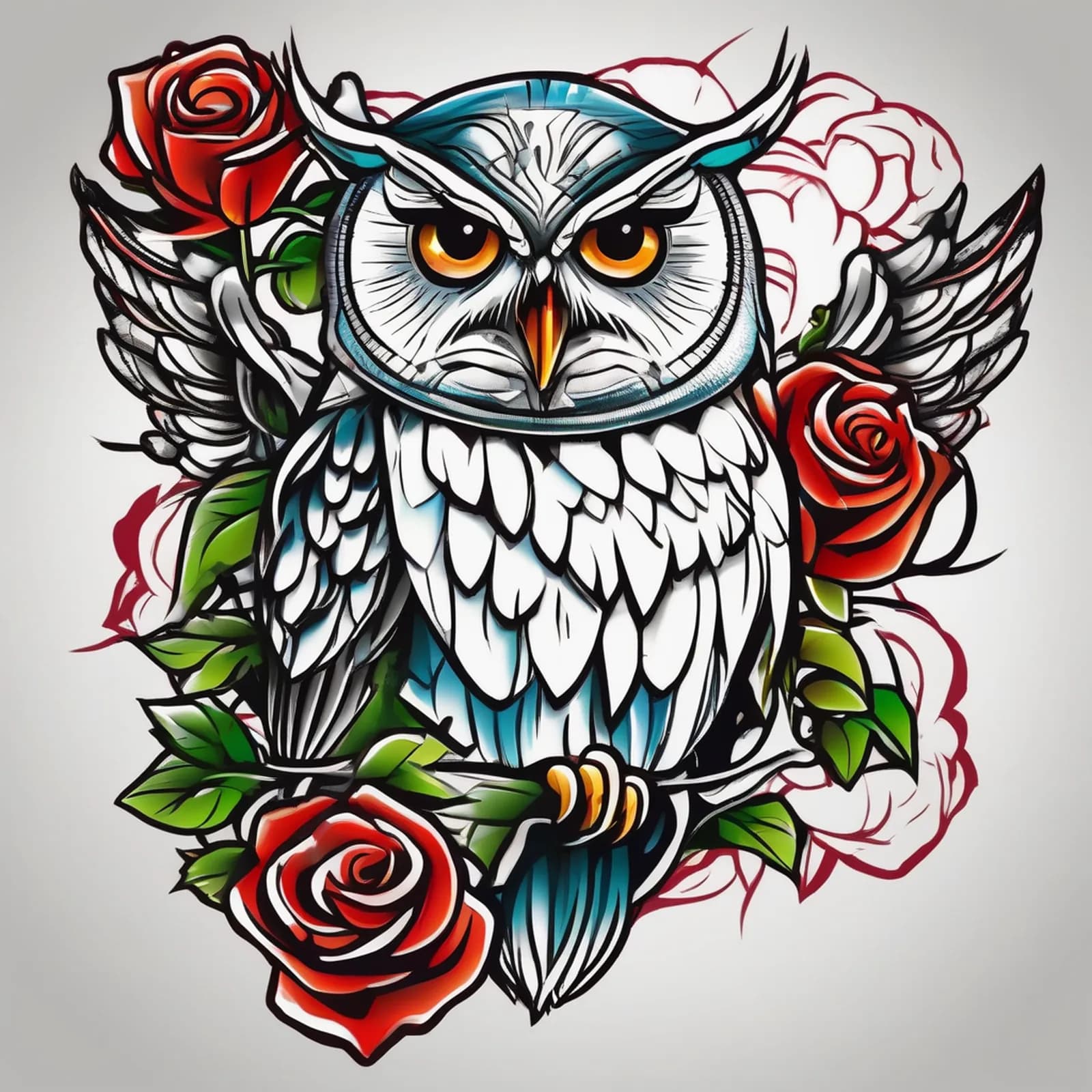 Owl And Rose tattoo design, alternative version 3