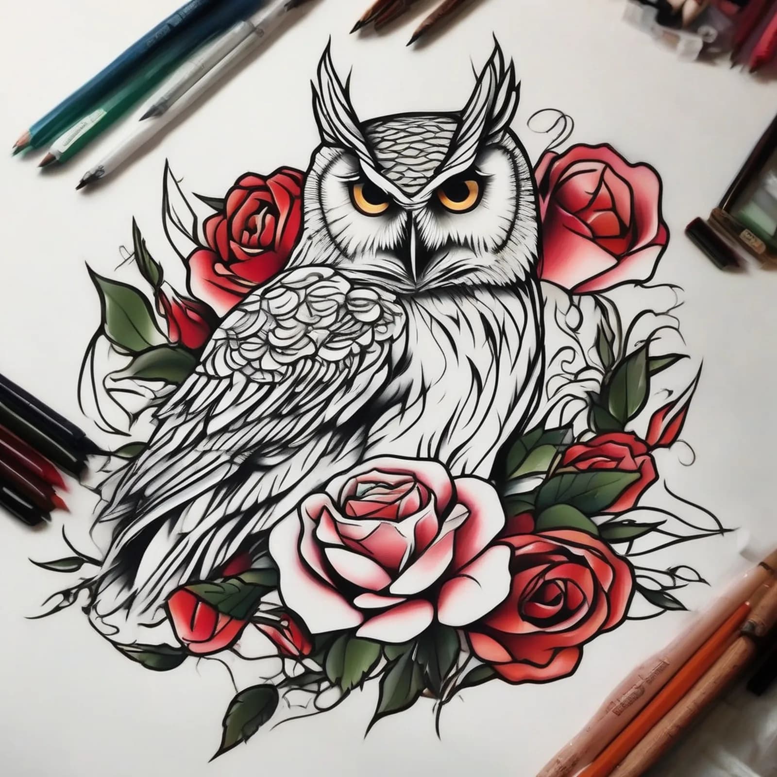 Owl And Rose tattoo design, alternative version 4