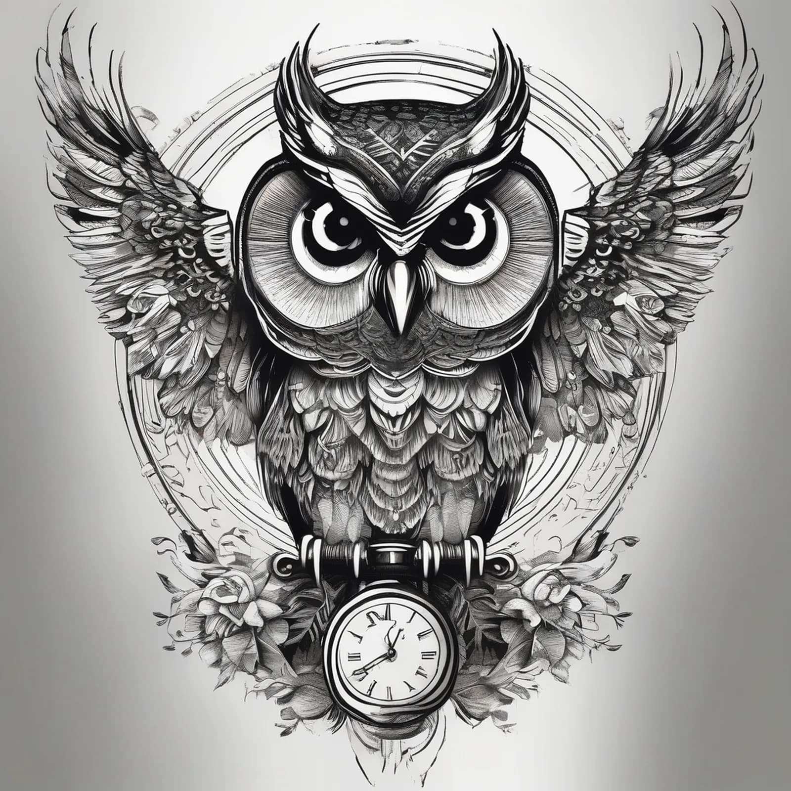 Owl And Sand Timer tattoo design, alternative version 3