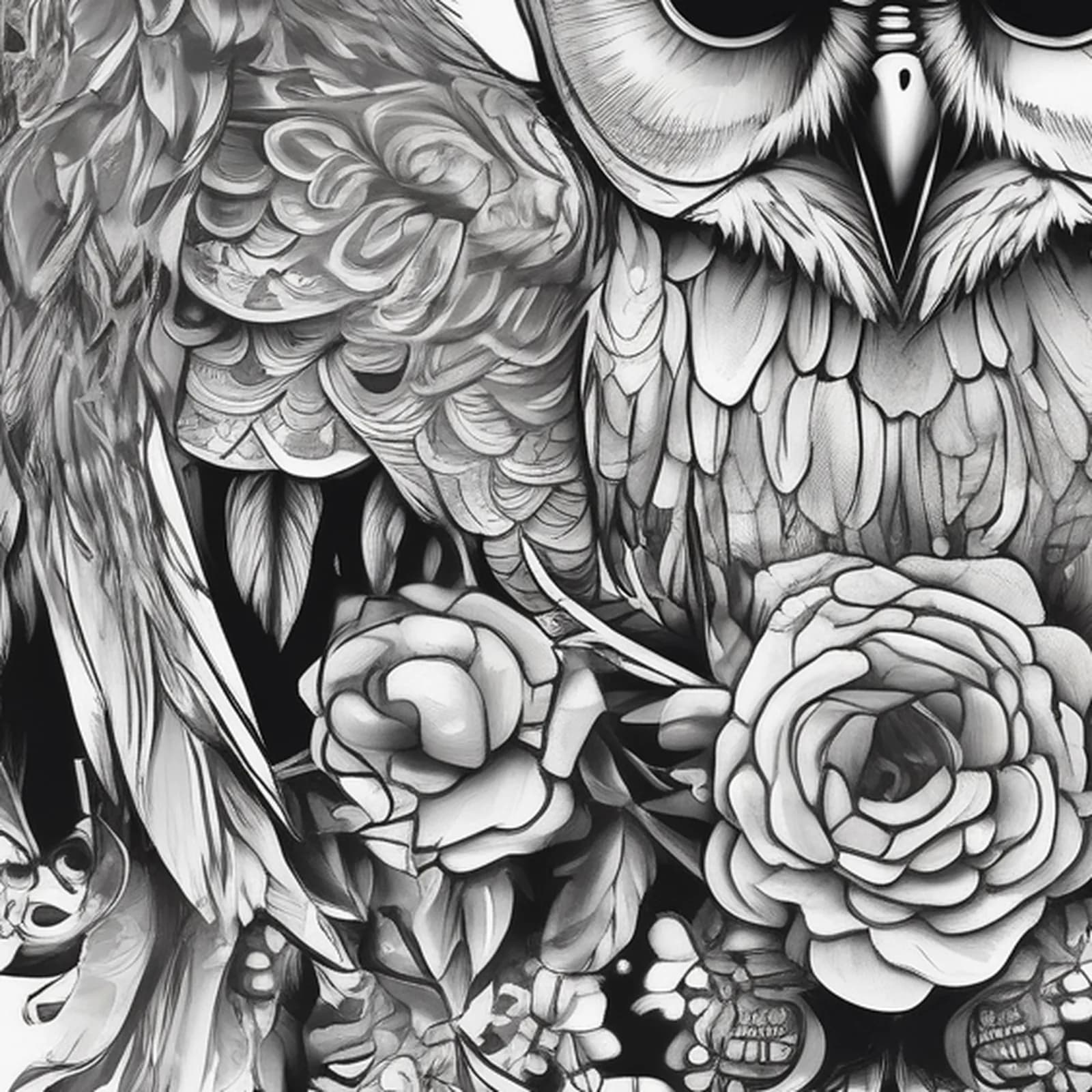 Owl And Skull tattoo design, close-up detail