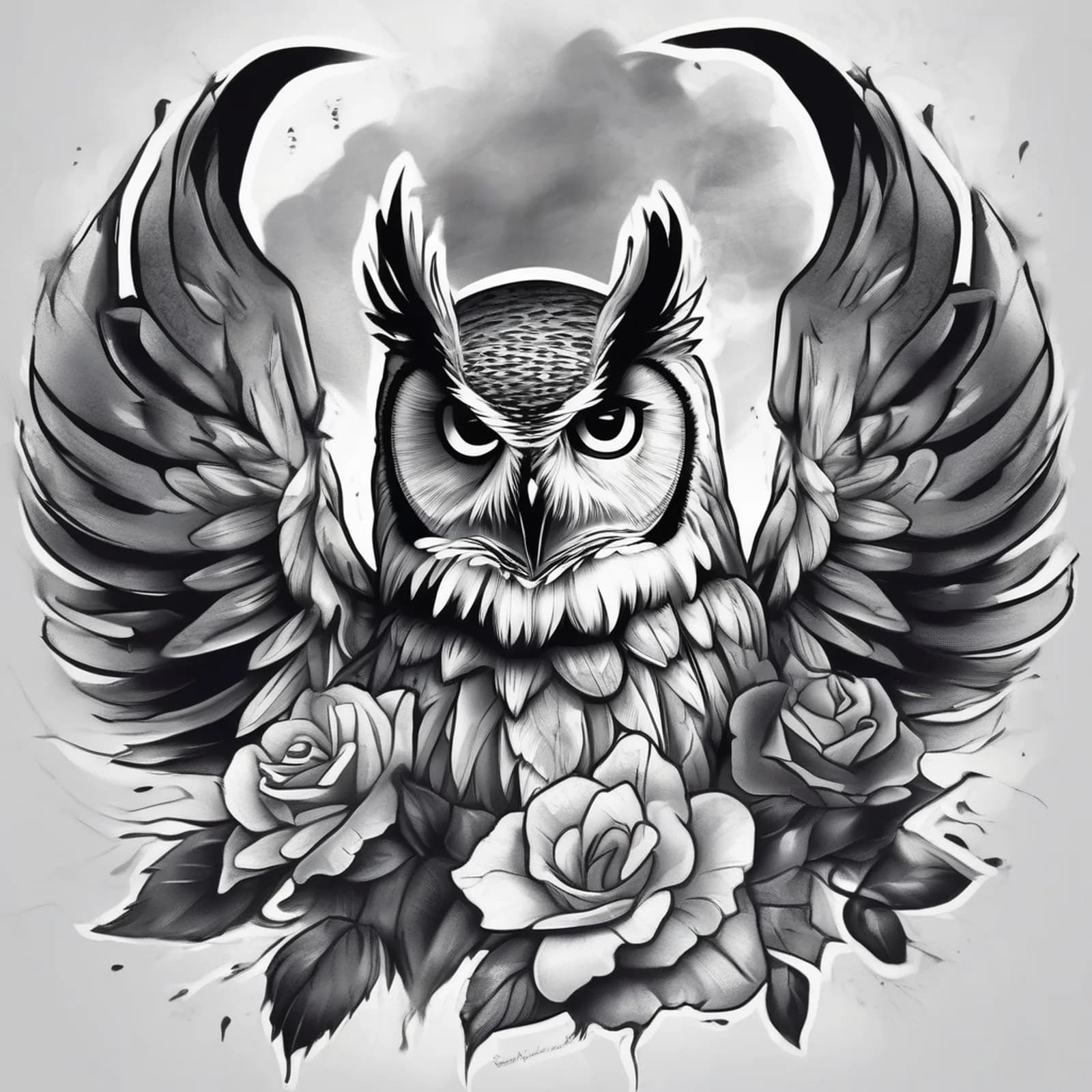 Owl And Skull tattoo design, alternative version 4