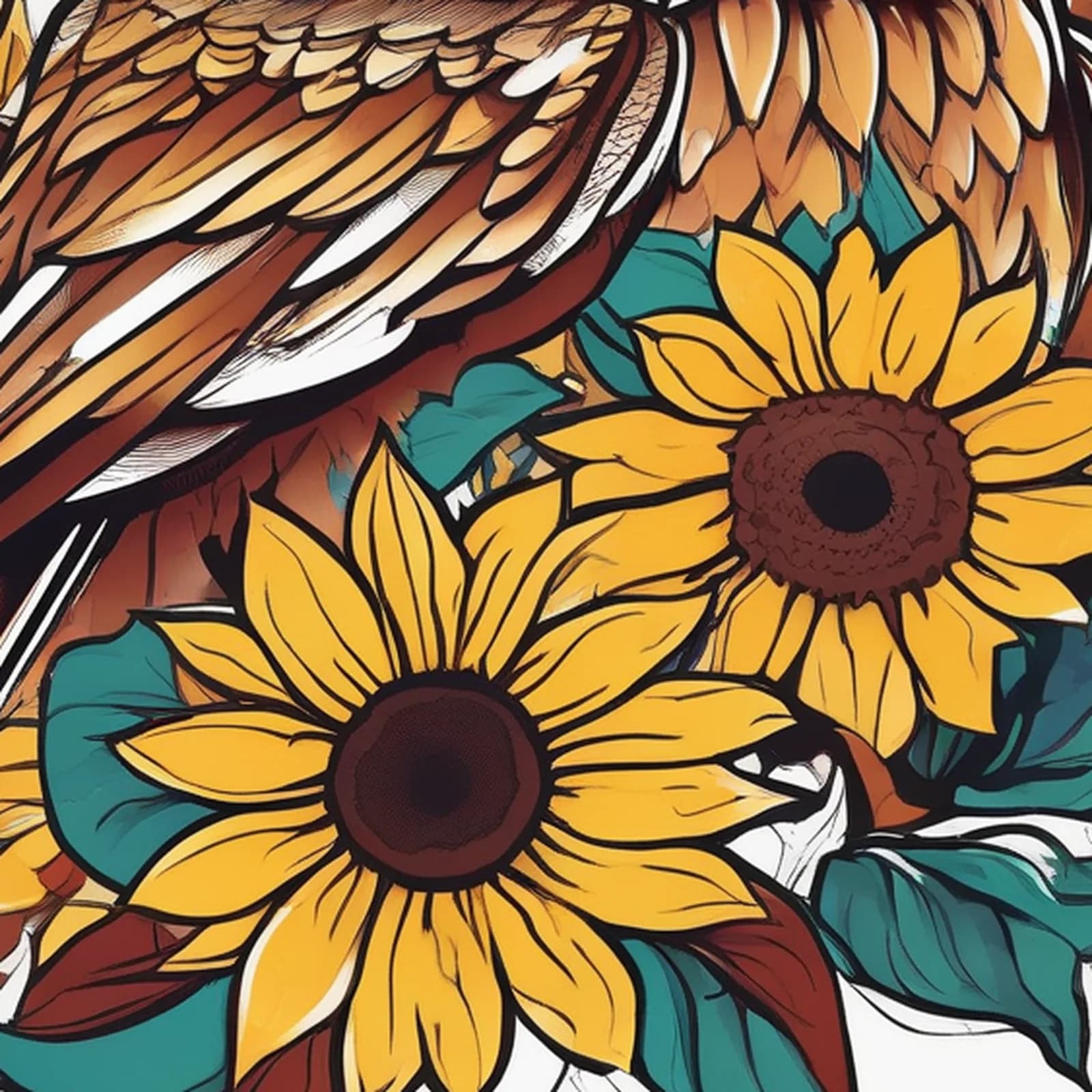 Owl And Sunflower tattoo design, close-up detail