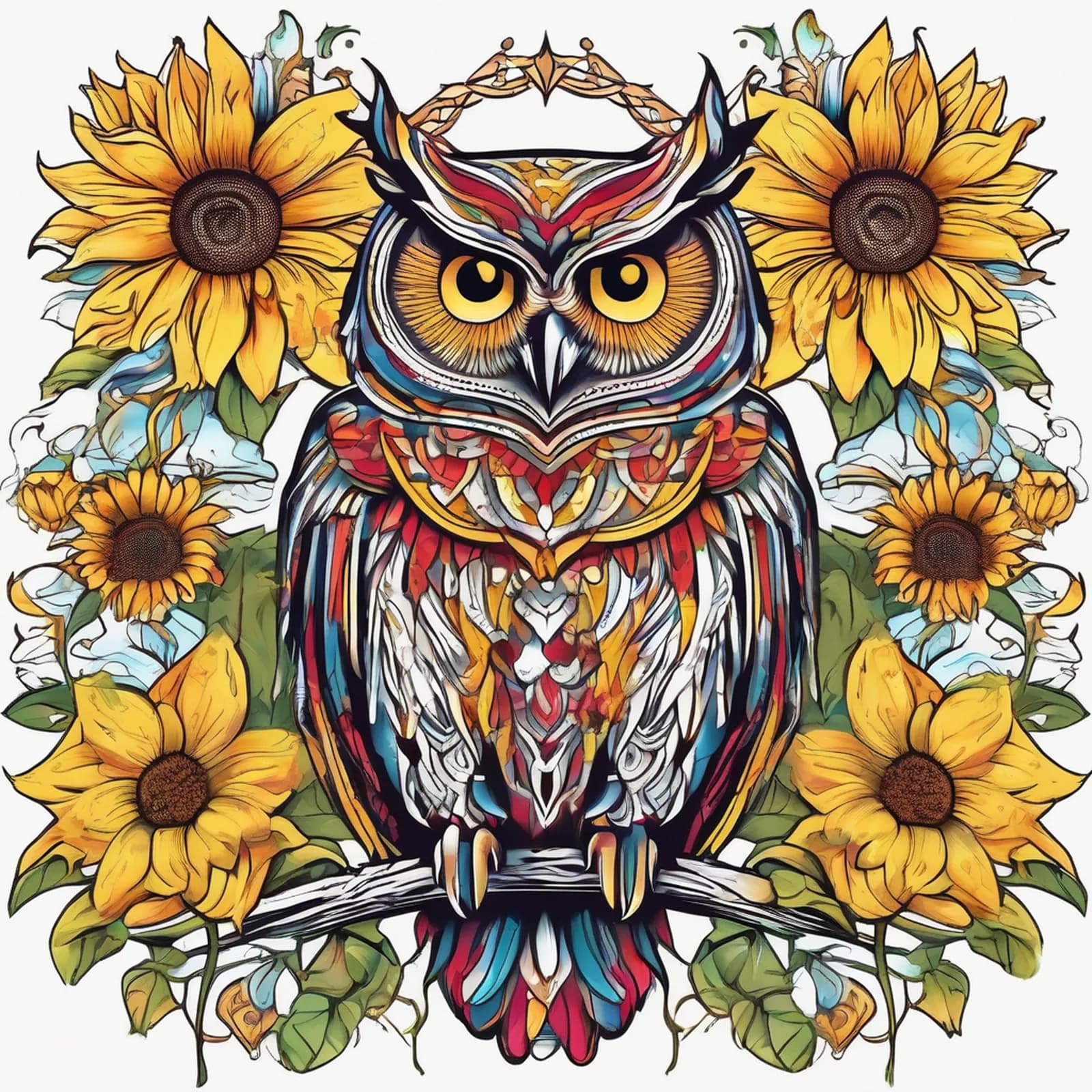 Owl And Sunflower tattoo design, alternative version 2