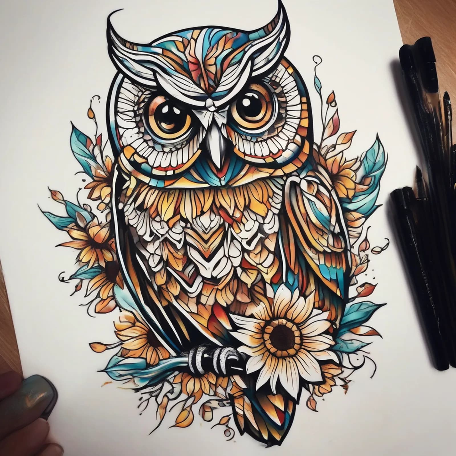 Owl And Sunflower tattoo design, alternative version 3
