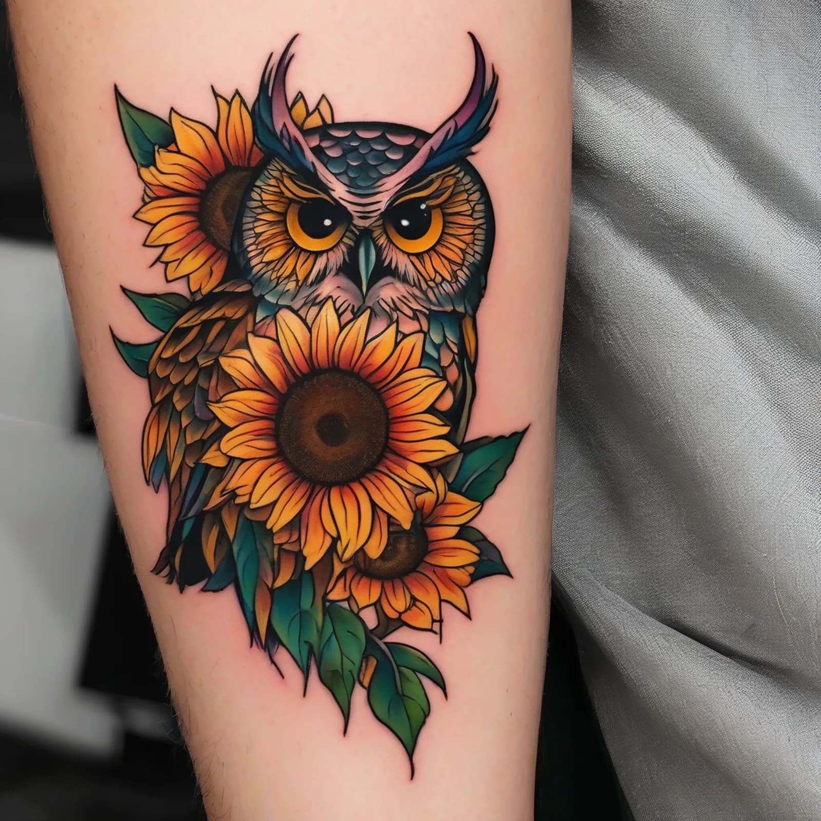 Owl And Sunflower tattoo design, alternative version 4