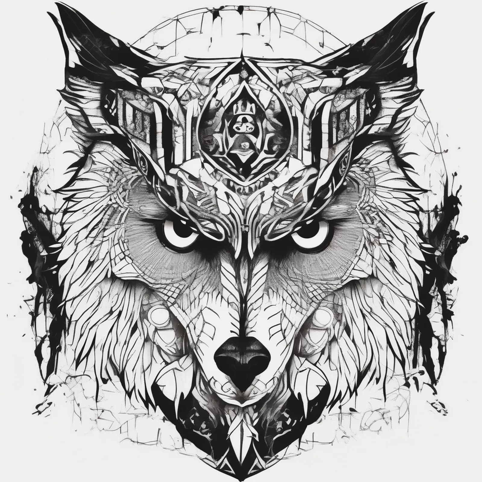 Owl And Wolf Split tattoo design, alternative version 2