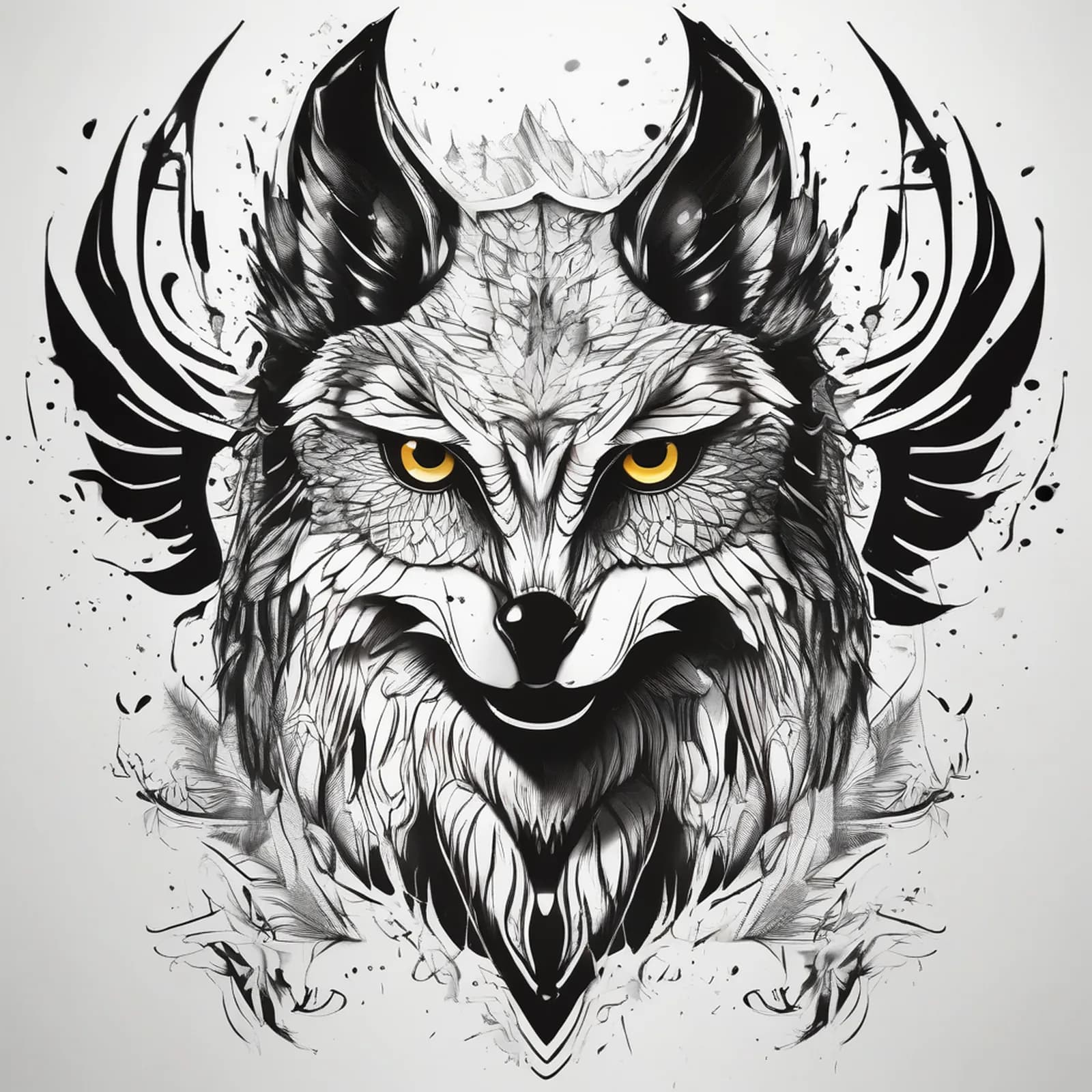 Owl And Wolf Split tattoo design, alternative version 3