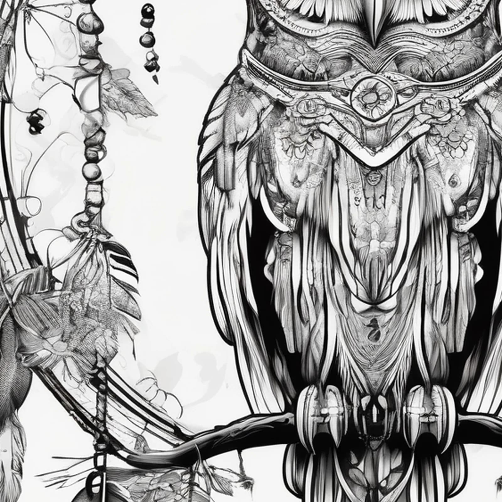 Owl Dreamcatcher tattoo design, close-up detail