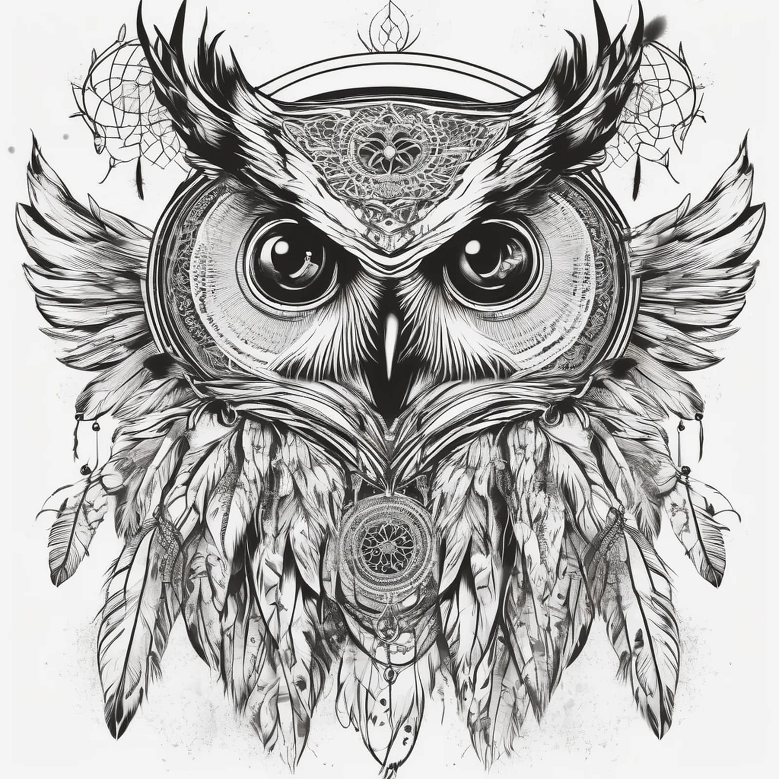 Owl Dreamcatcher tattoo design, alternative version 2
