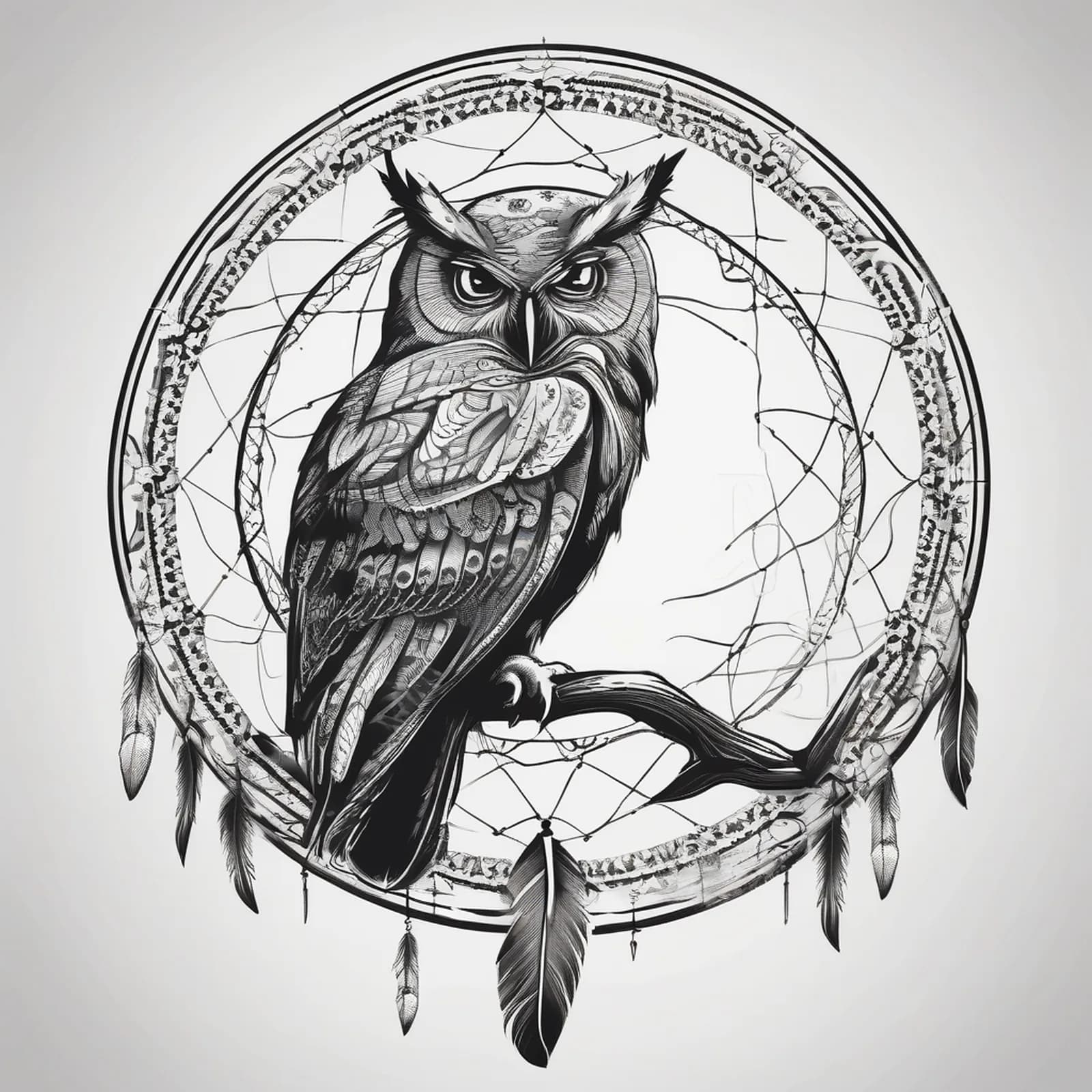 Owl Dreamcatcher tattoo design, alternative version 3