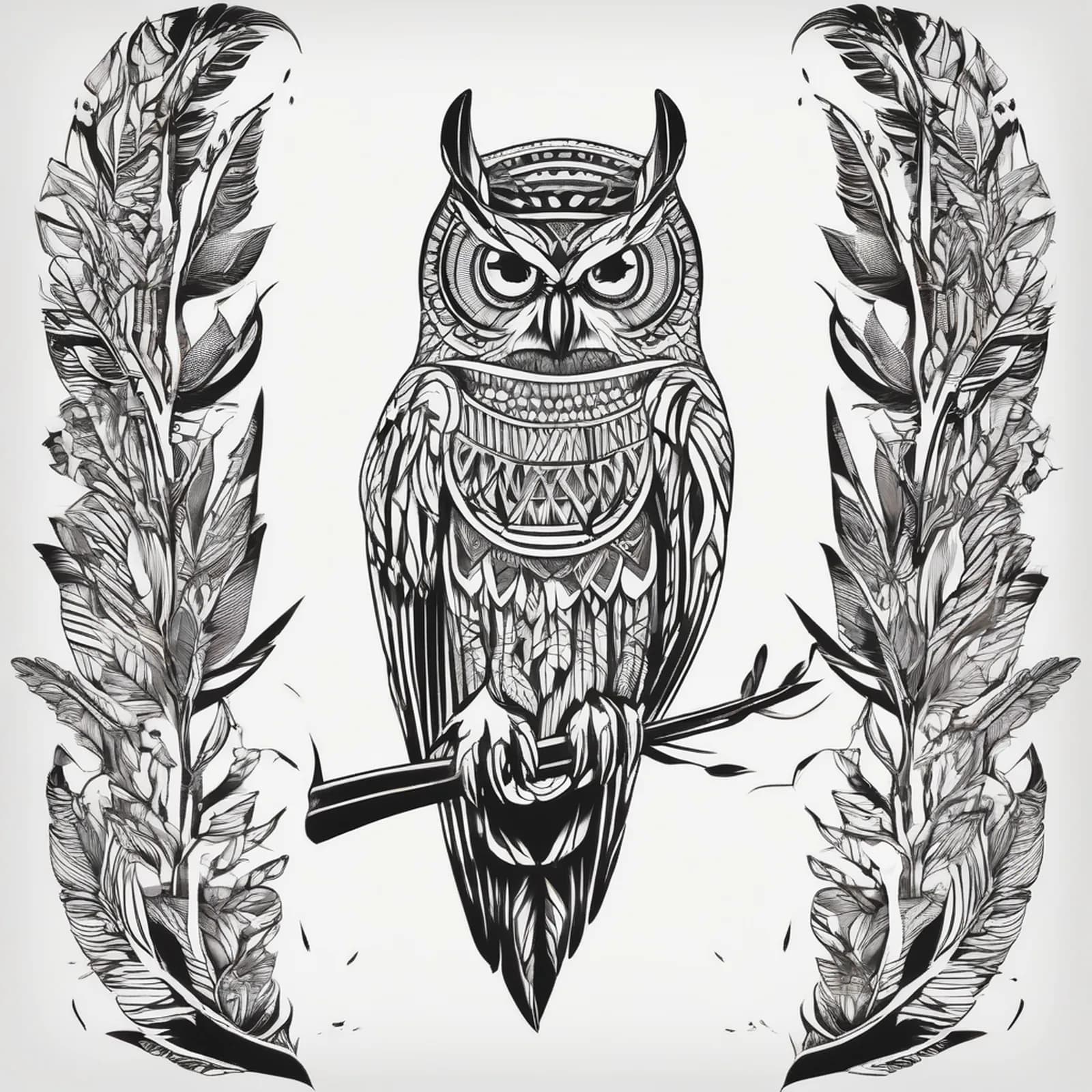 Owl Feather tattoo design, alternative version 2