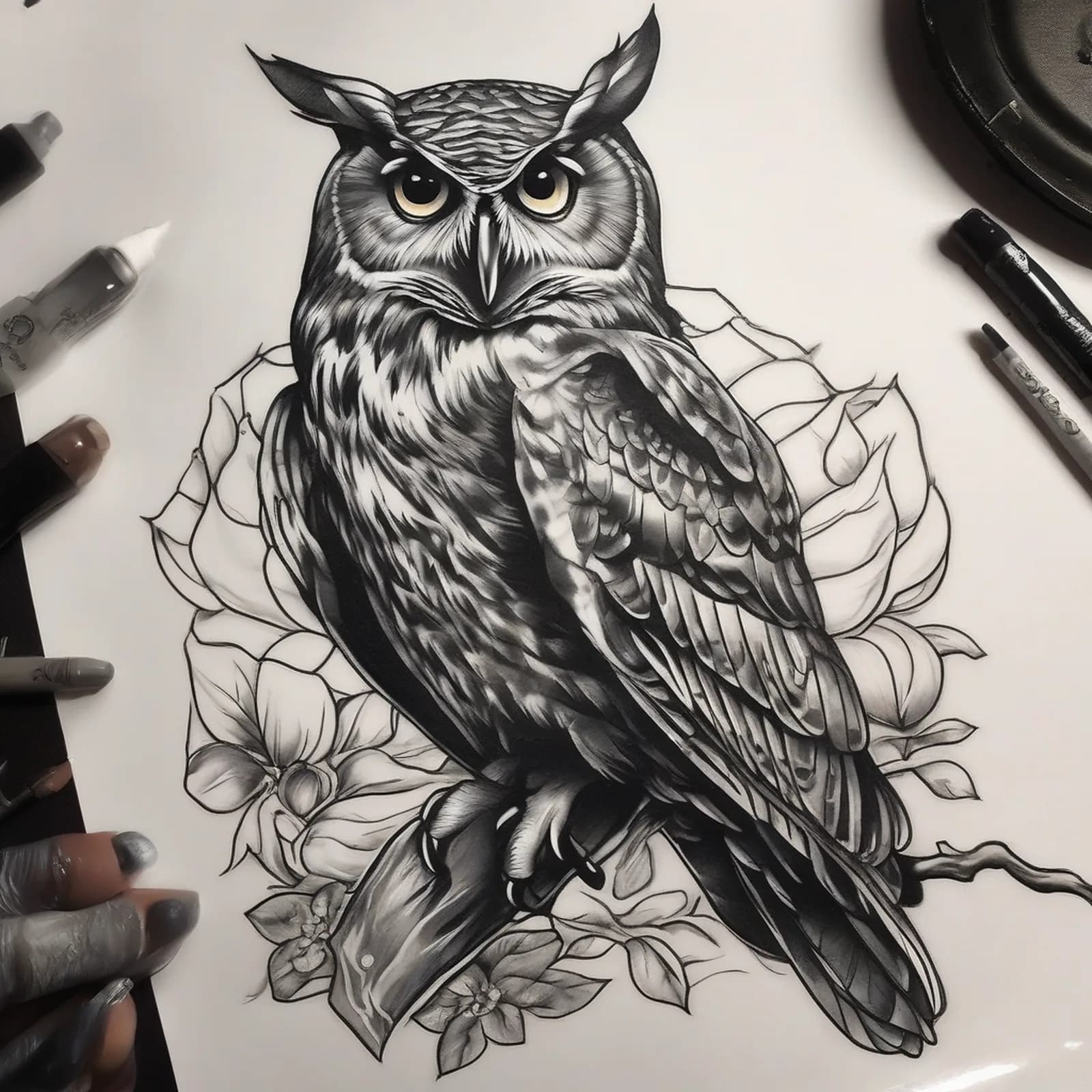 Owl Guarding A Lantern tattoo design, alternative version 2