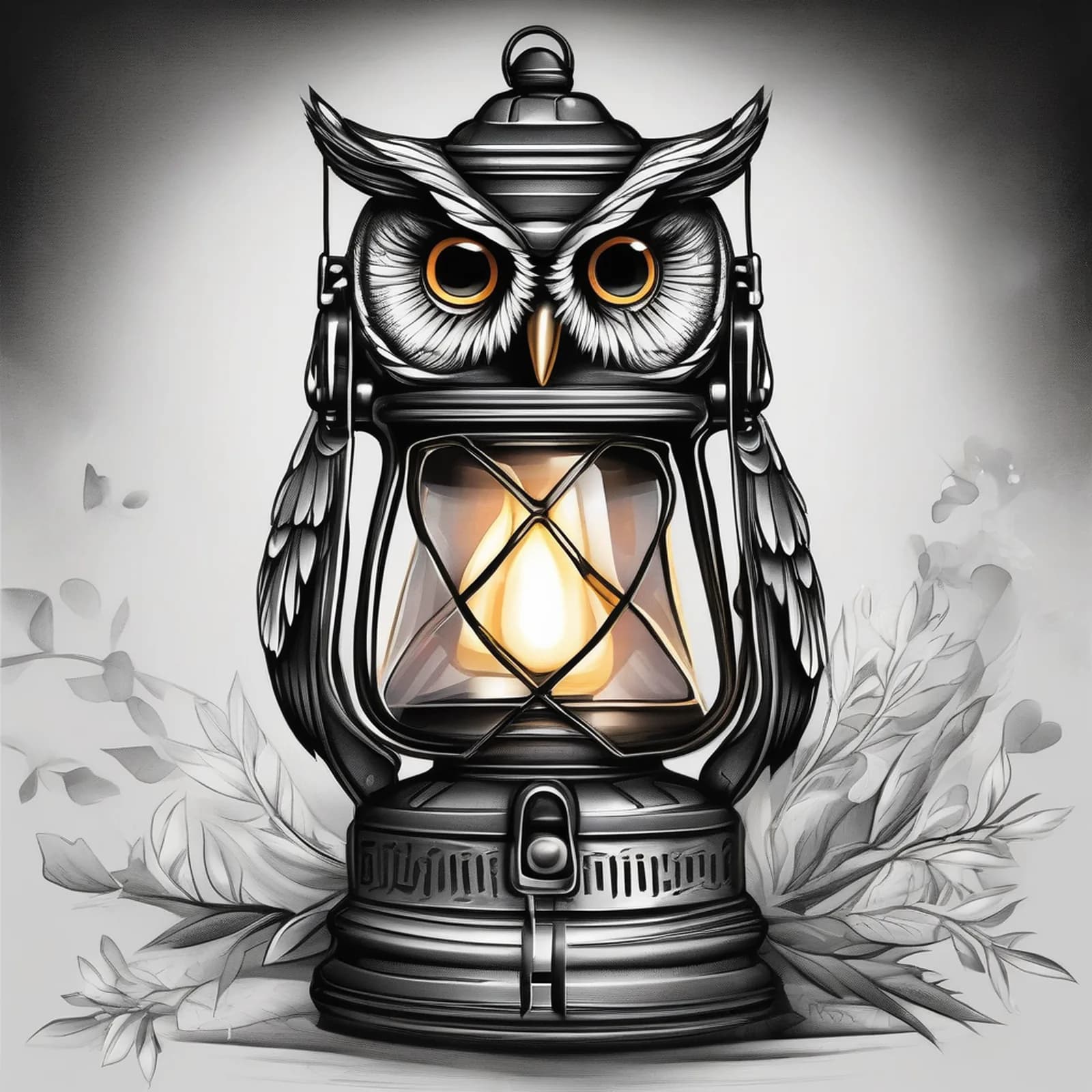 Owl Guarding A Lantern tattoo design, alternative version 3