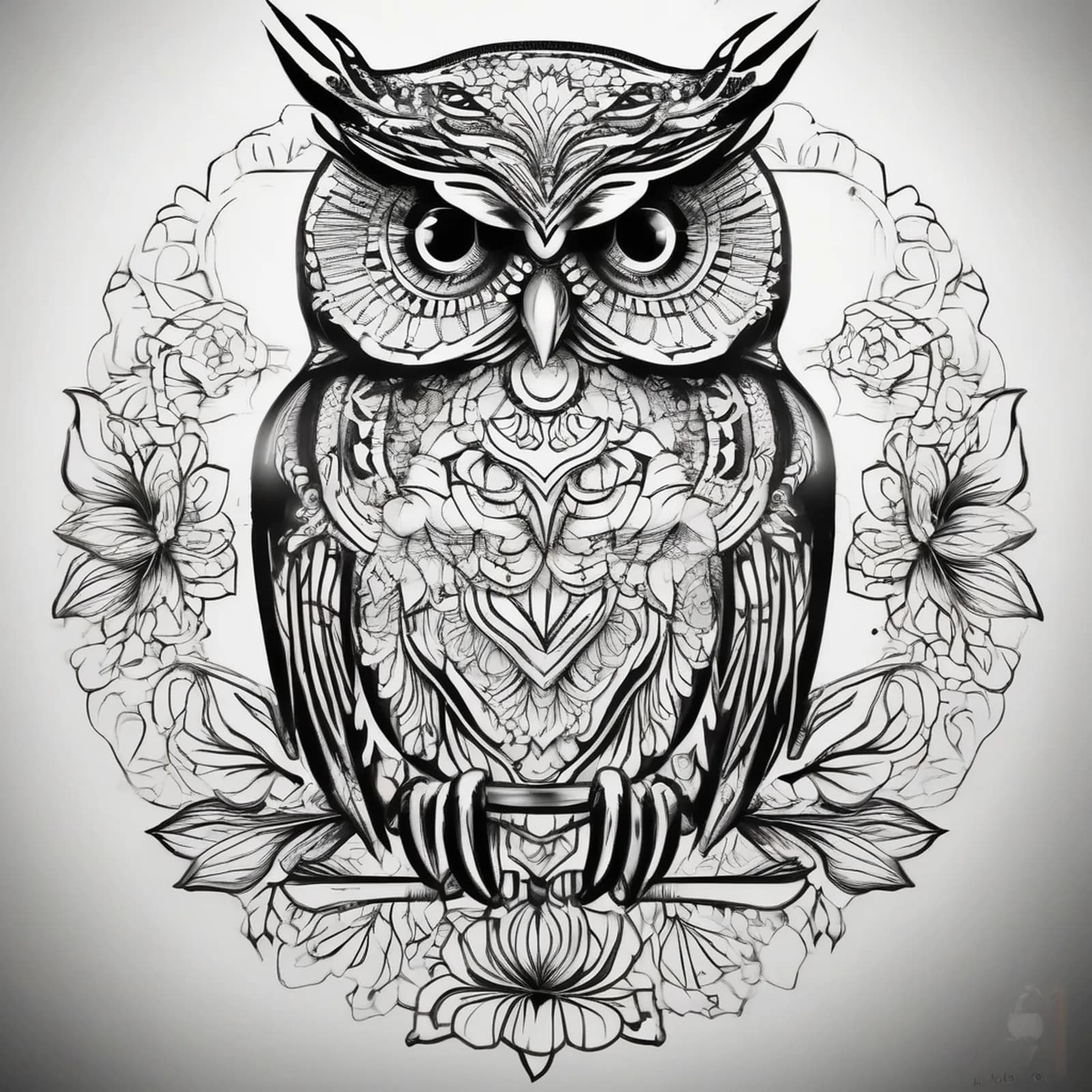 Owl Mandala tattoo design, alternative version 2