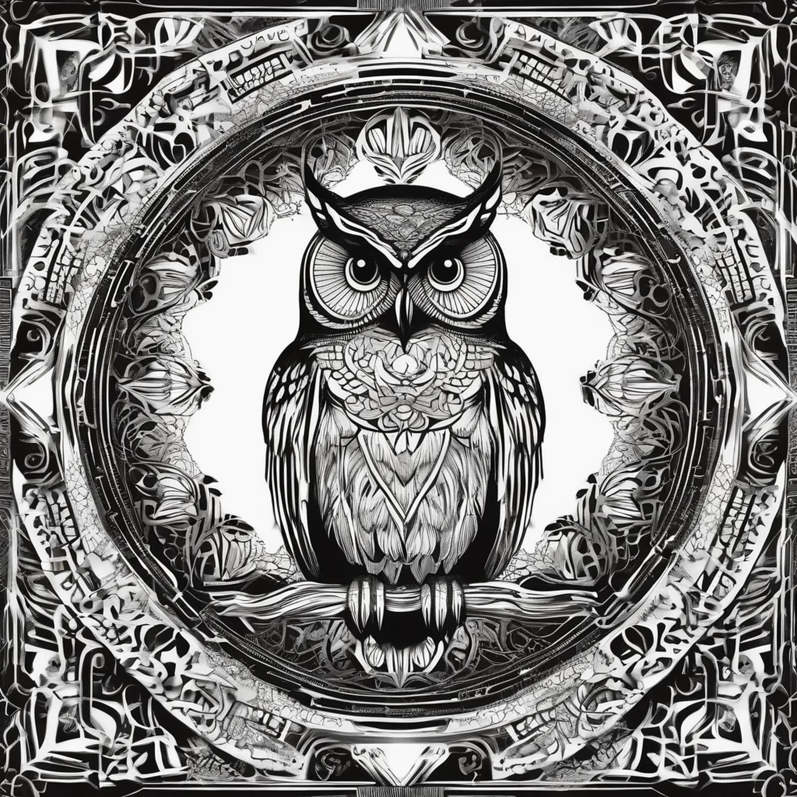 Owl Mandala tattoo design, alternative version 4