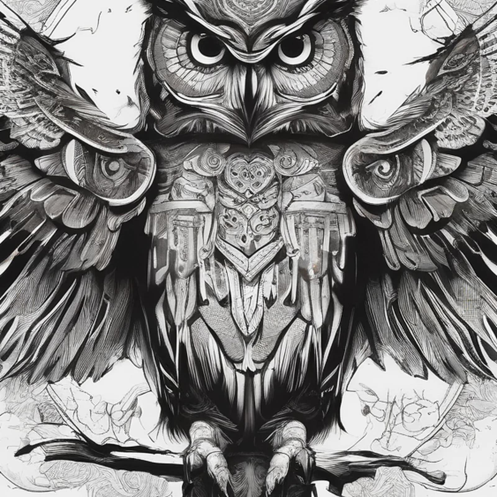 Owl Of Wisdom With Scroll tattoo design, close-up detail