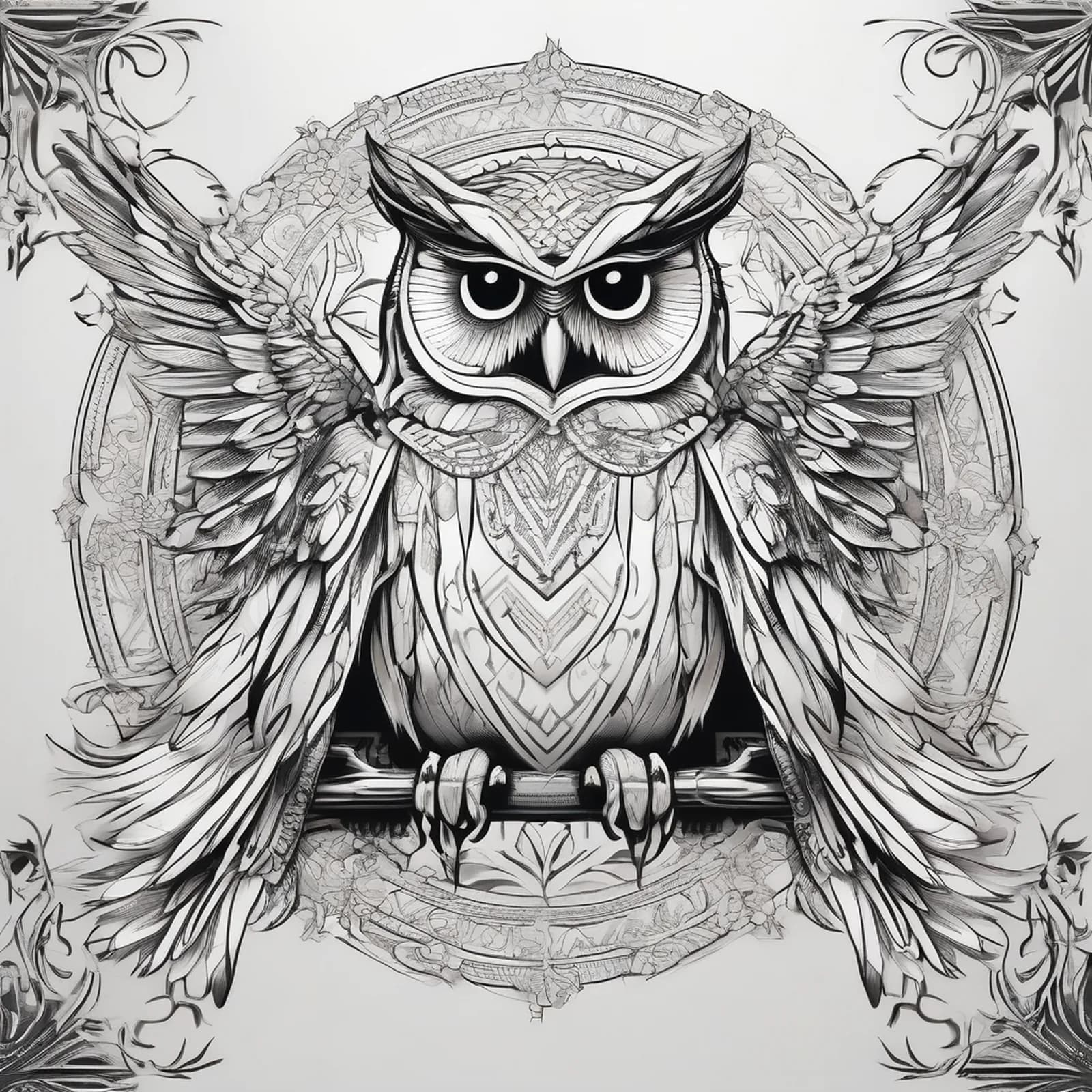 Owl Of Wisdom With Scroll tattoo design, alternative version 4