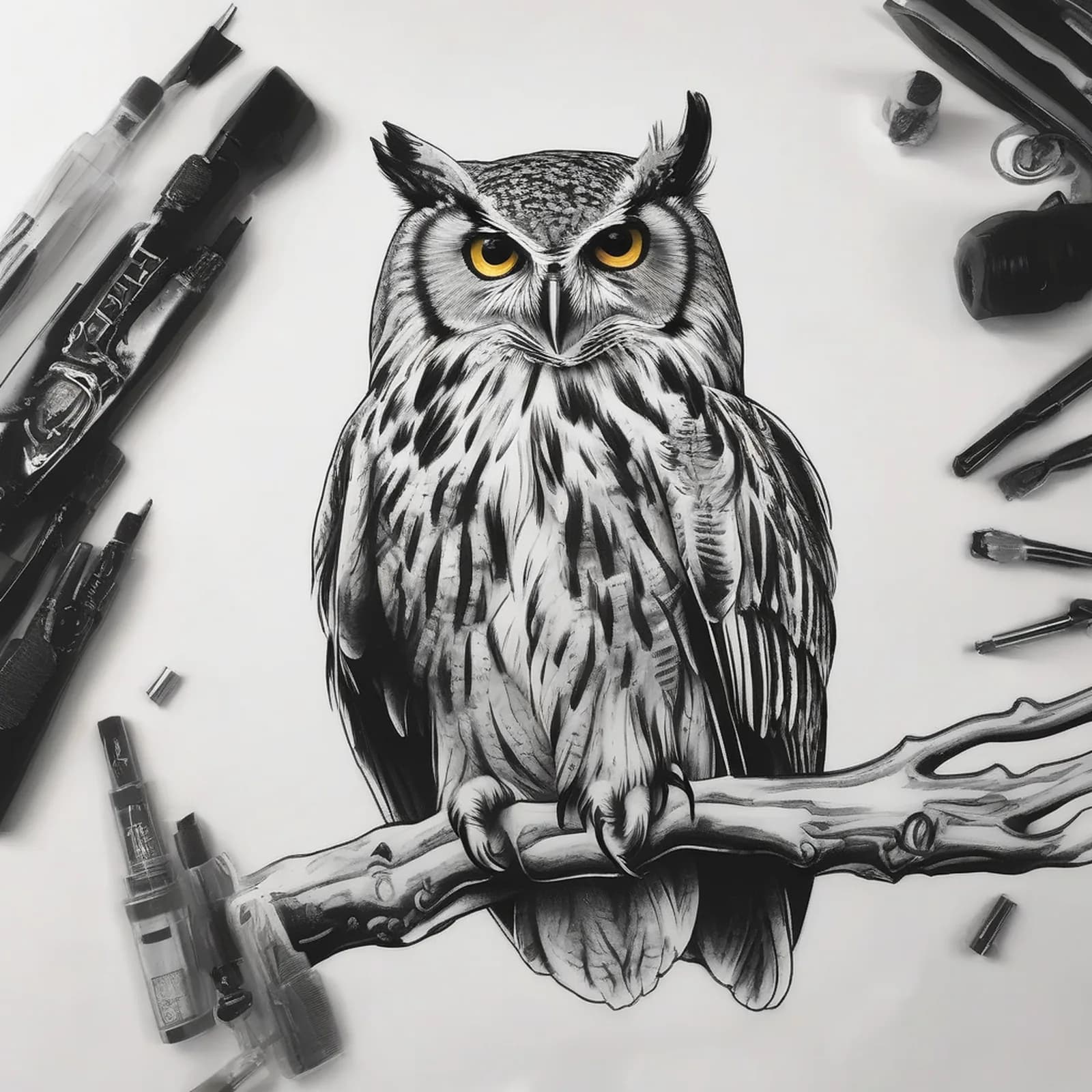 Owl On The Calf tattoo design, alternative version 2