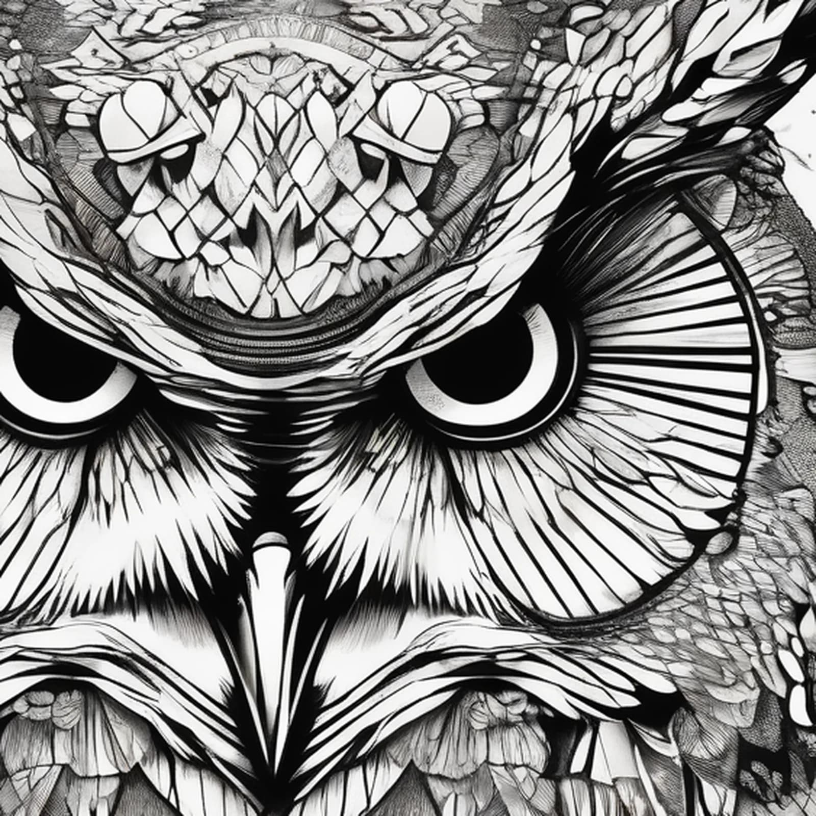 Owl Over Mountains tattoo design, close-up detail