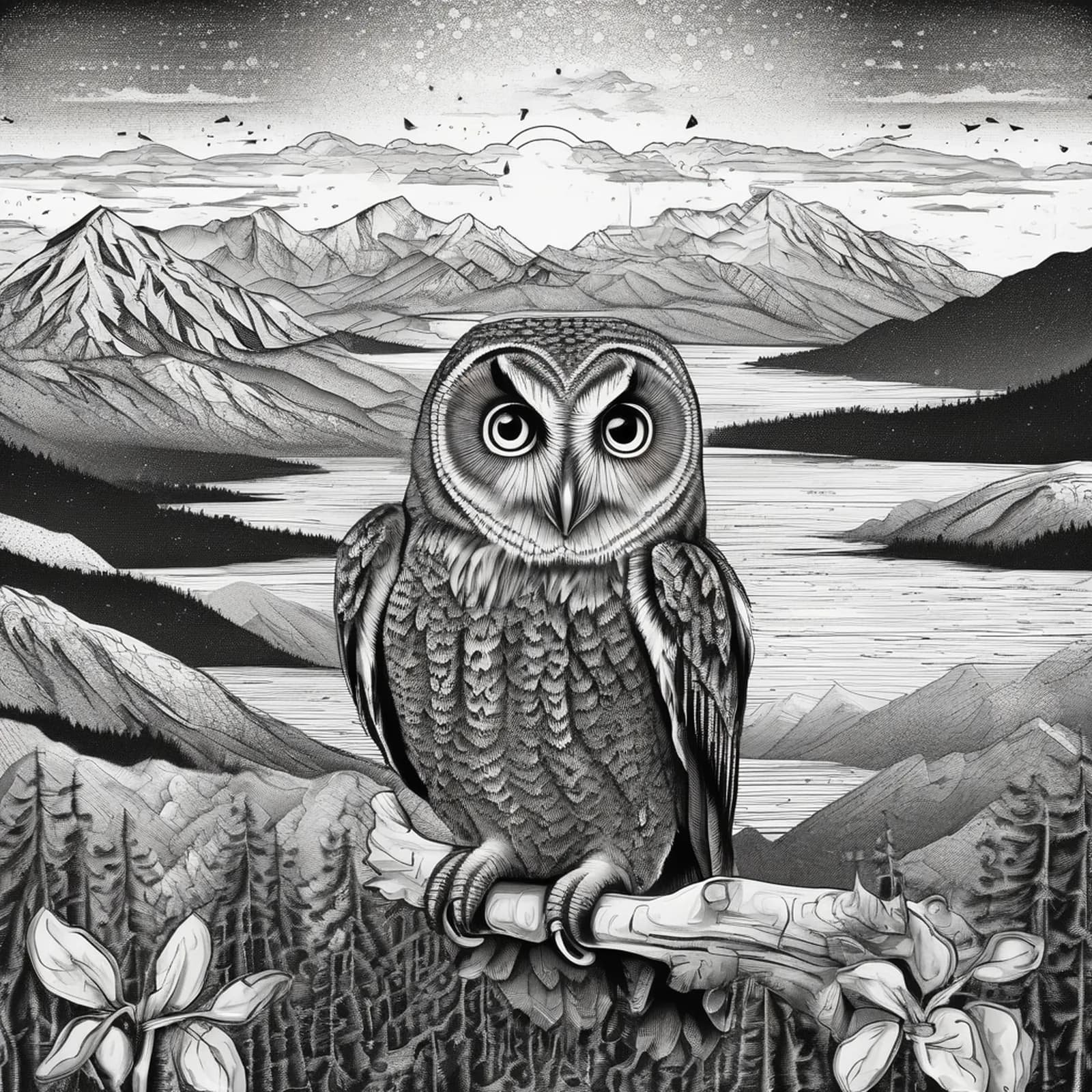 Owl Over Mountains tattoo design, alternative version 2