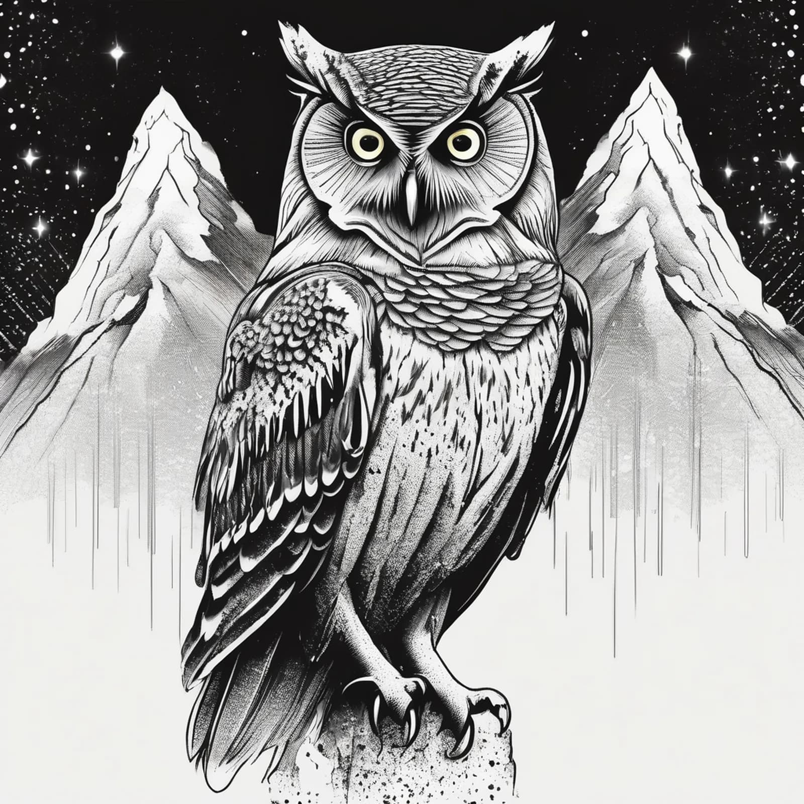 Owl Over Mountains tattoo design, alternative version 3
