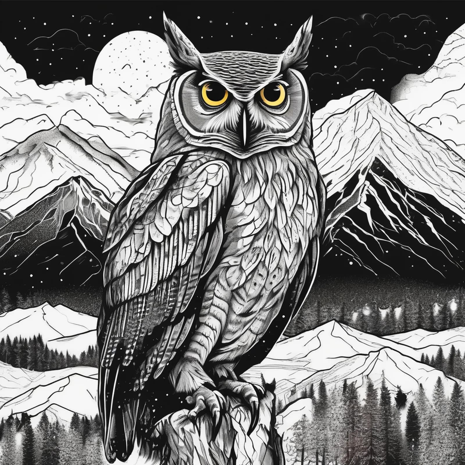 Owl Over Mountains tattoo design, alternative version 4