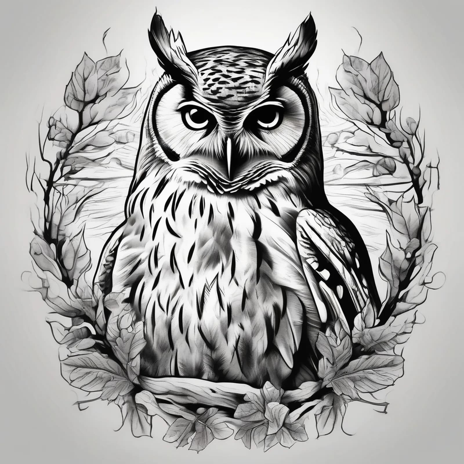 Owl Perched On Branch tattoo design, alternative version 2