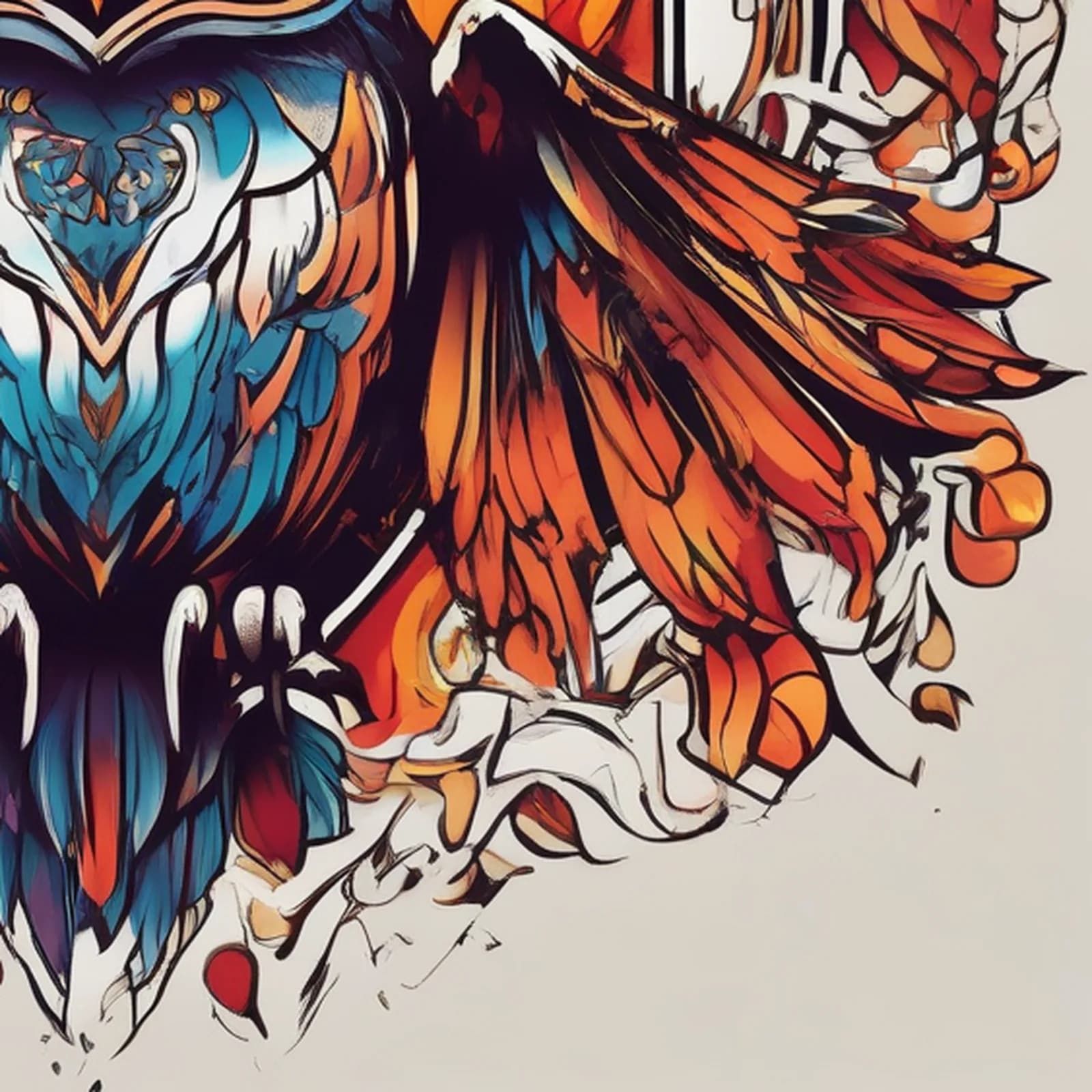 Owl Rising From Flames tattoo design, close-up detail