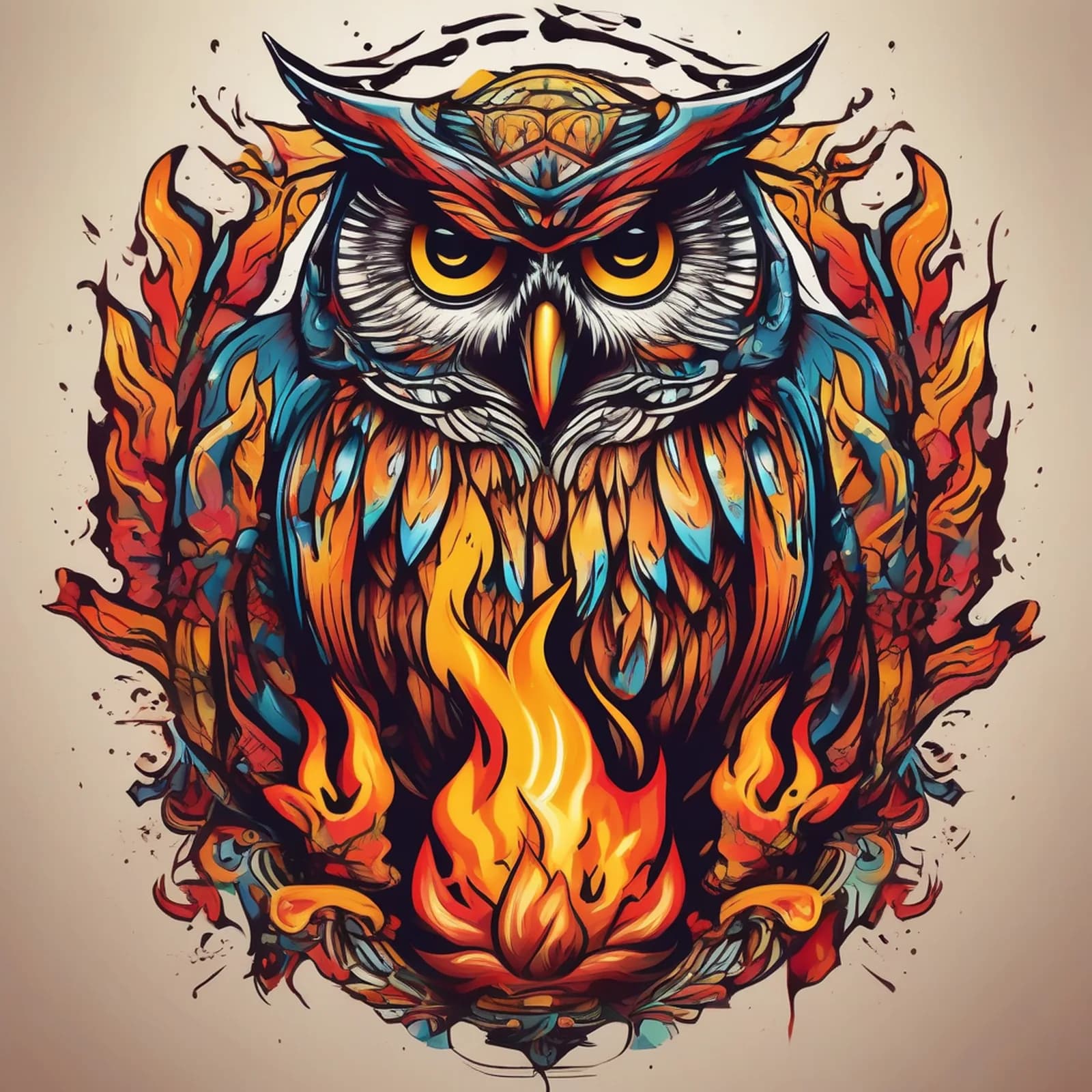 Owl Rising From Flames tattoo design, alternative version 2