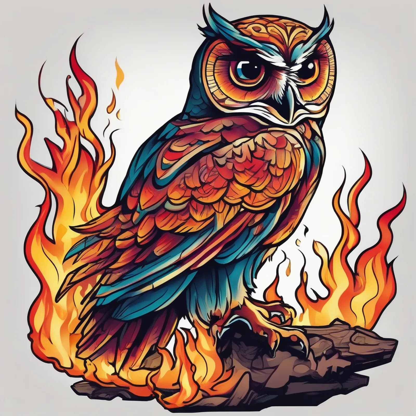 Owl Rising From Flames tattoo design, alternative version 3
