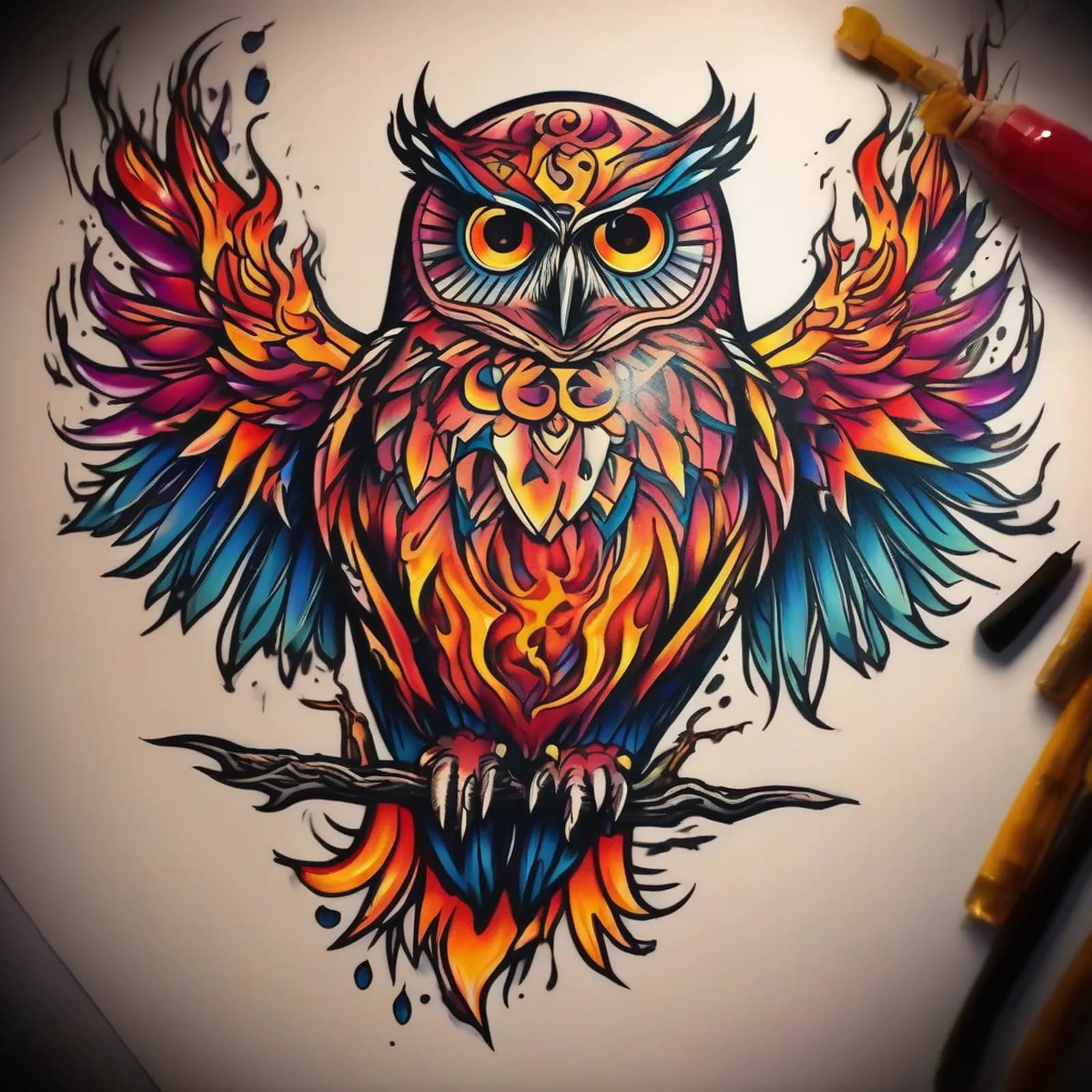 Owl Rising From Flames tattoo design, alternative version 4