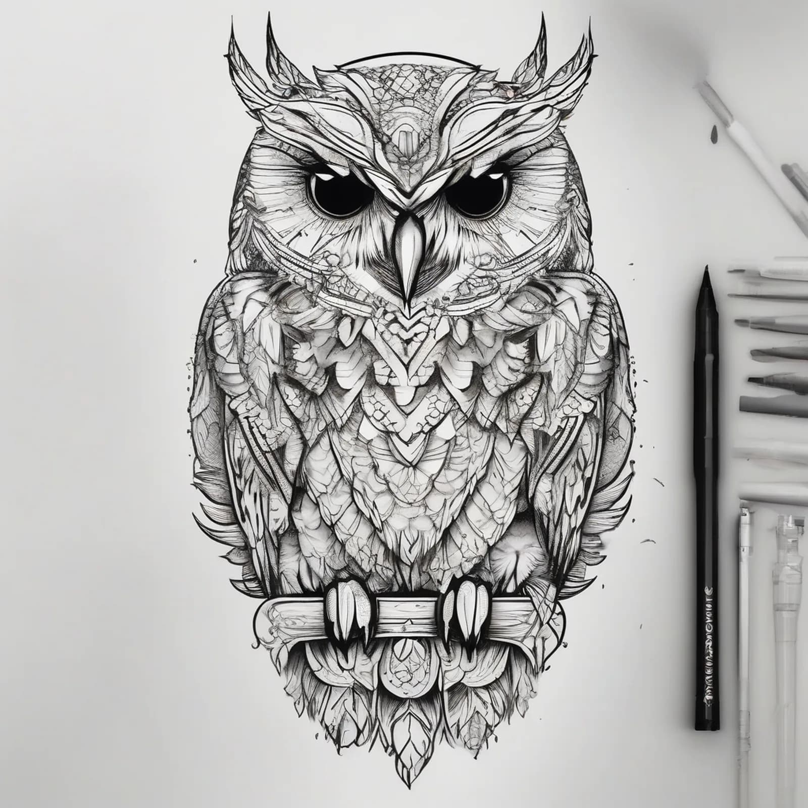 Owl Thigh Piece tattoo design, alternative version 3
