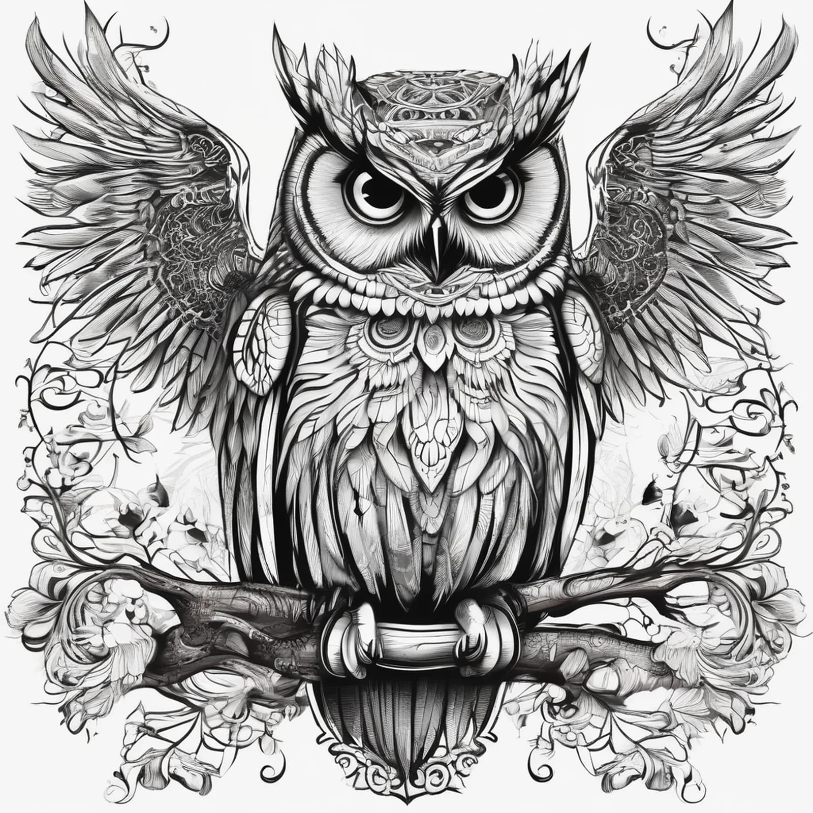 Owl With Antique Key tattoo design, alternative version 2